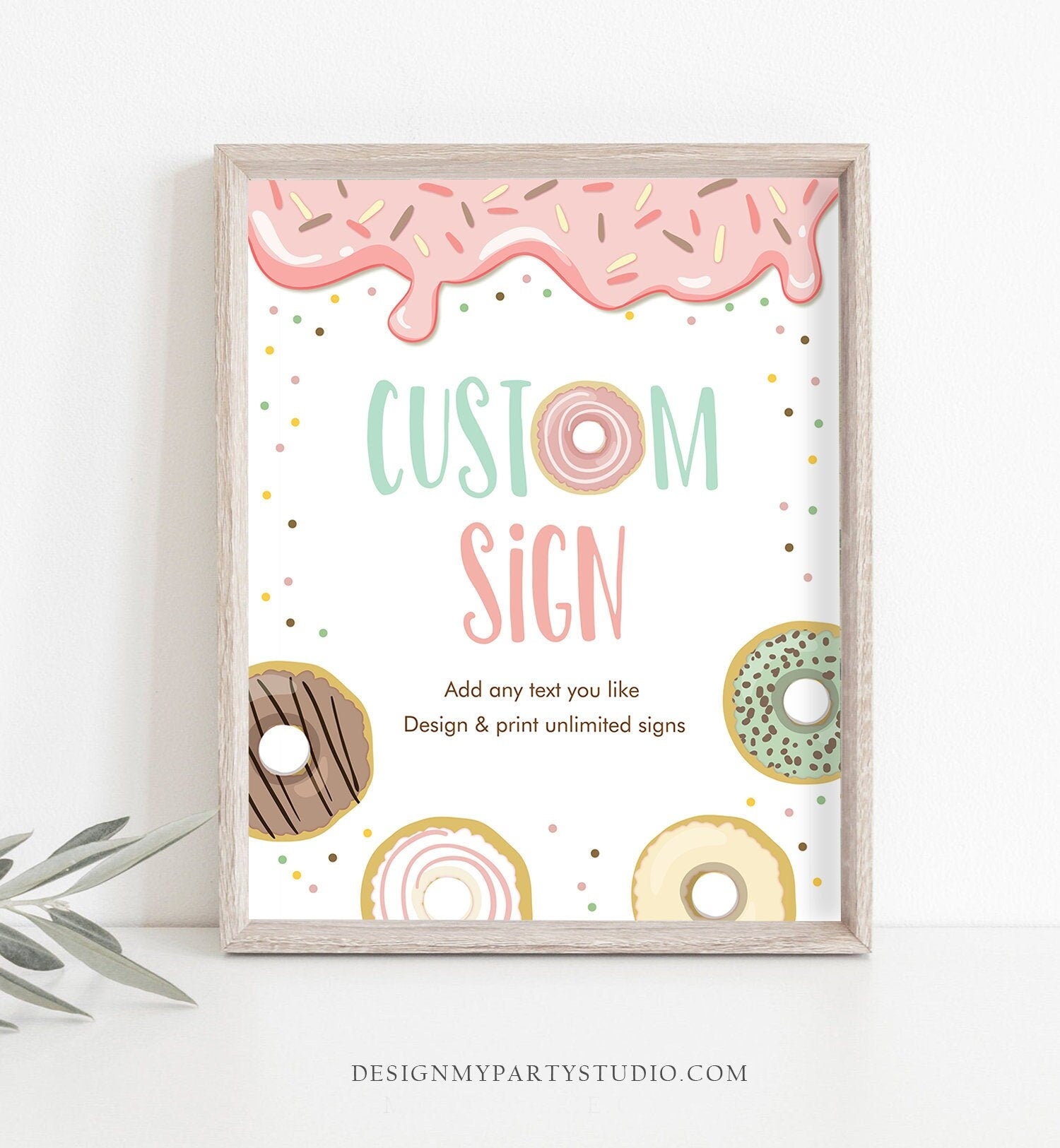 Editable Donut Custom Sign Birthday Bridal Shower Baby Shower Wedding Pastel Pink Girl Teal Table Bar Doughnut Sweet Corjl Template 0320