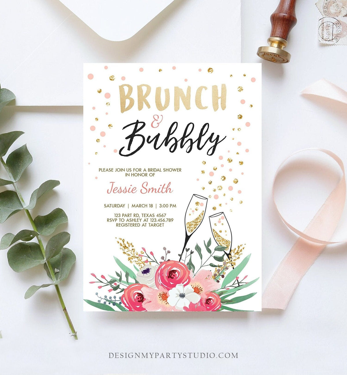 Editable Brunch and Bubbly Bridal Shower Invitation Floral Champagne Gold Pink Wedding Download Printable Template Digital Corjl 0318