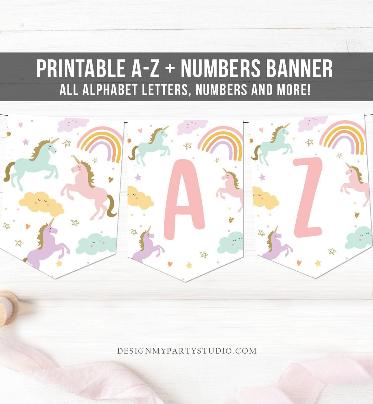 Unicorn Birthday Banner A-Z Alphabet Numbers Banner First Happy Birthday Banner Girl Magical Pink Gold Decor Instant Download Printable 0426