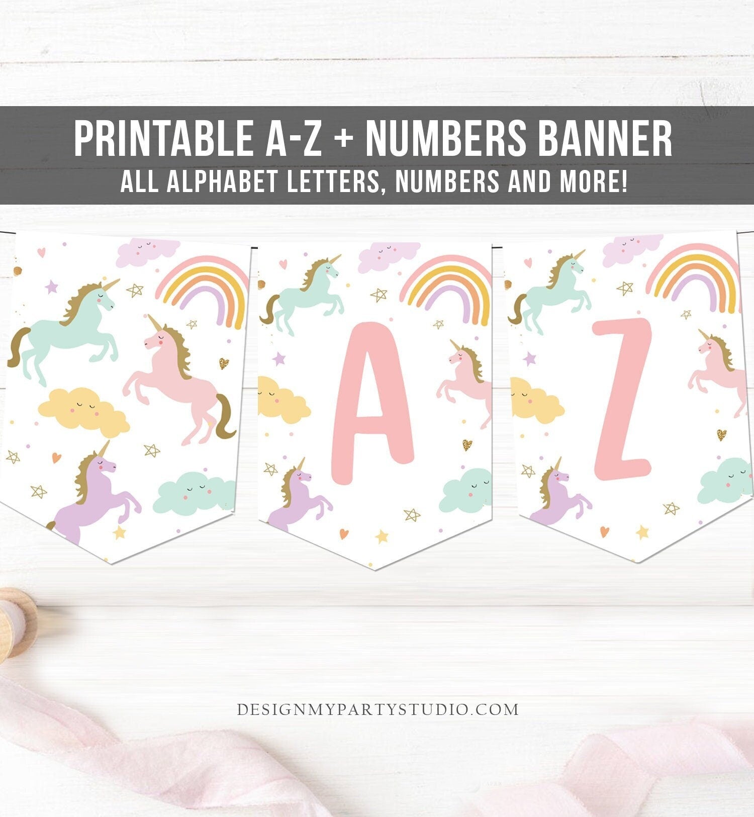 Unicorn Birthday Banner A-Z Alphabet Numbers Banner First Happy Birthday Banner Girl Magical Pink Gold Decor Instant Download Printable 0426