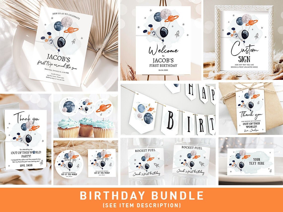 Space Birthday Invitation Bundle Space Party 1st Birthday First Trip Around the Sun Galaxy Boy Astronaut Blast Printable Corjl Template 0366