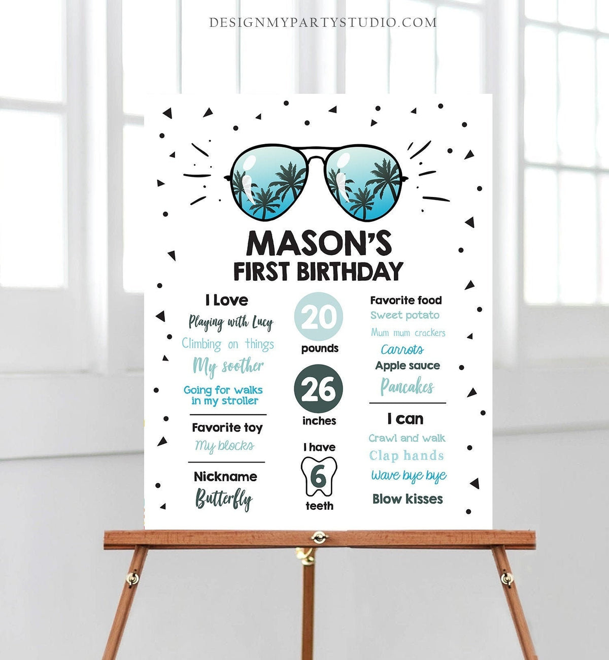 Editable Sunglasses Two Cool Birthday Milestones Sign Chalkboard Boy 1st First Birthday Second Palm Pilot Corjl Template Printable 0136