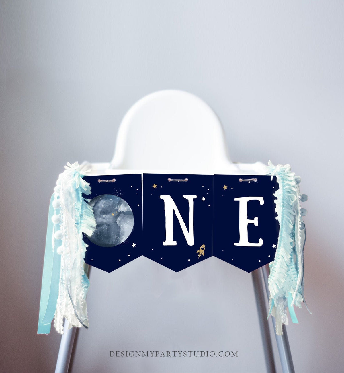 Outer Space Planets High Chair Banner Silver Astronaut Rocket 1st First Birthday Boy High Chair ONE Banner Party PRINTABLE Digital 0357