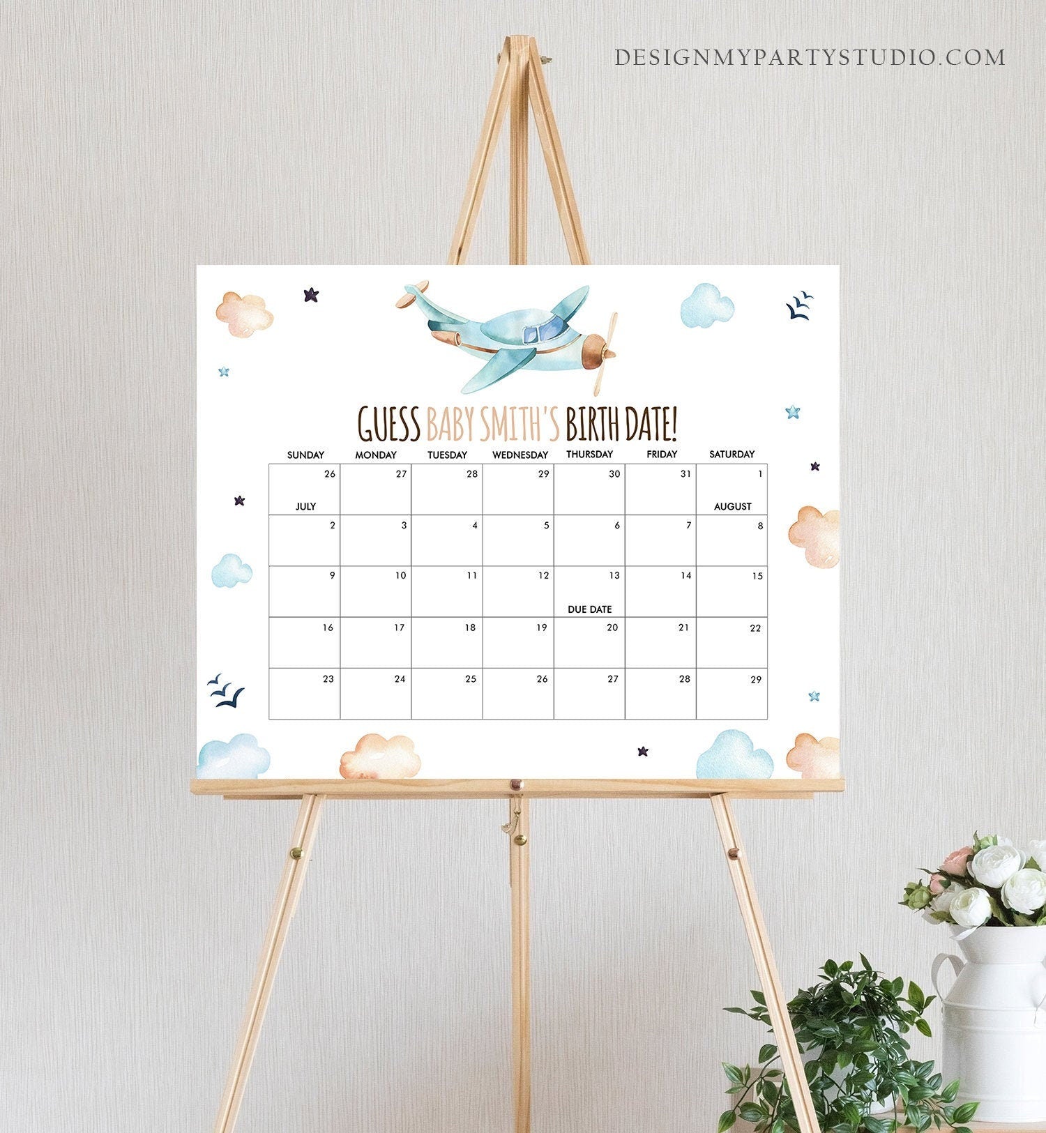 Editable Guess the Birth Date Baby Shower Game Guess Birthday Vintage Airplane Blue Travel Adventure Shower Corjl Template Printable 0185