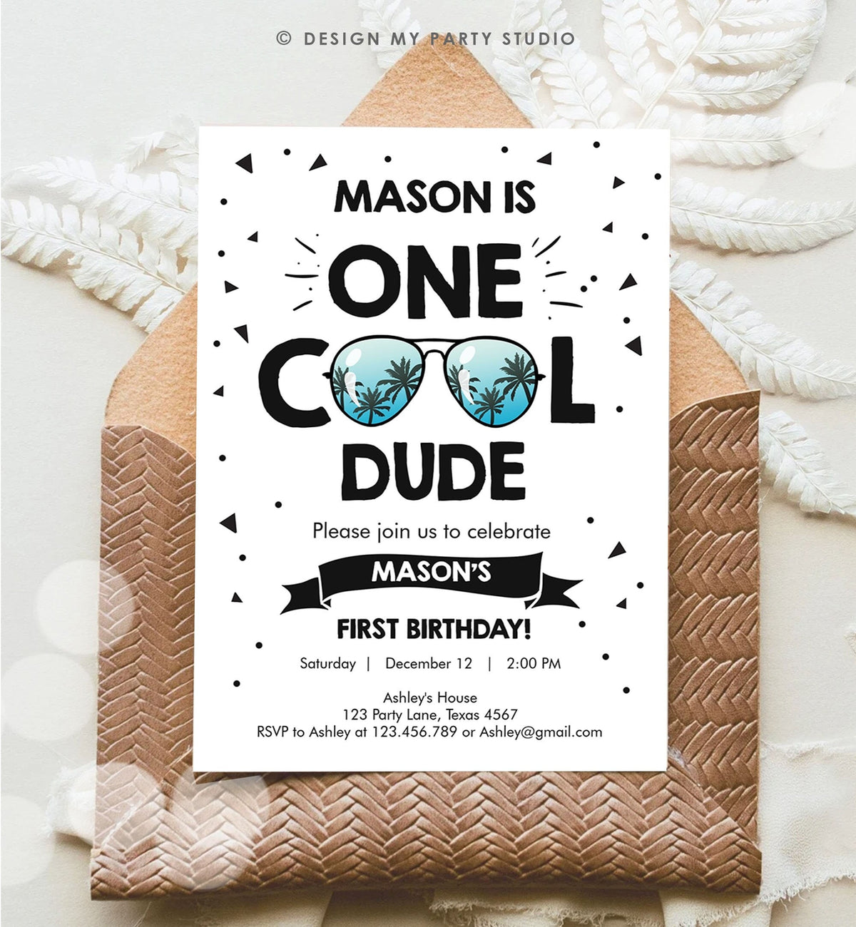 Editable One Cool Dude 1st Birthday Invitation Boy First Birthday Party Sunglasses Palm Tropical Pool Cool One Printable Evite Template 0136