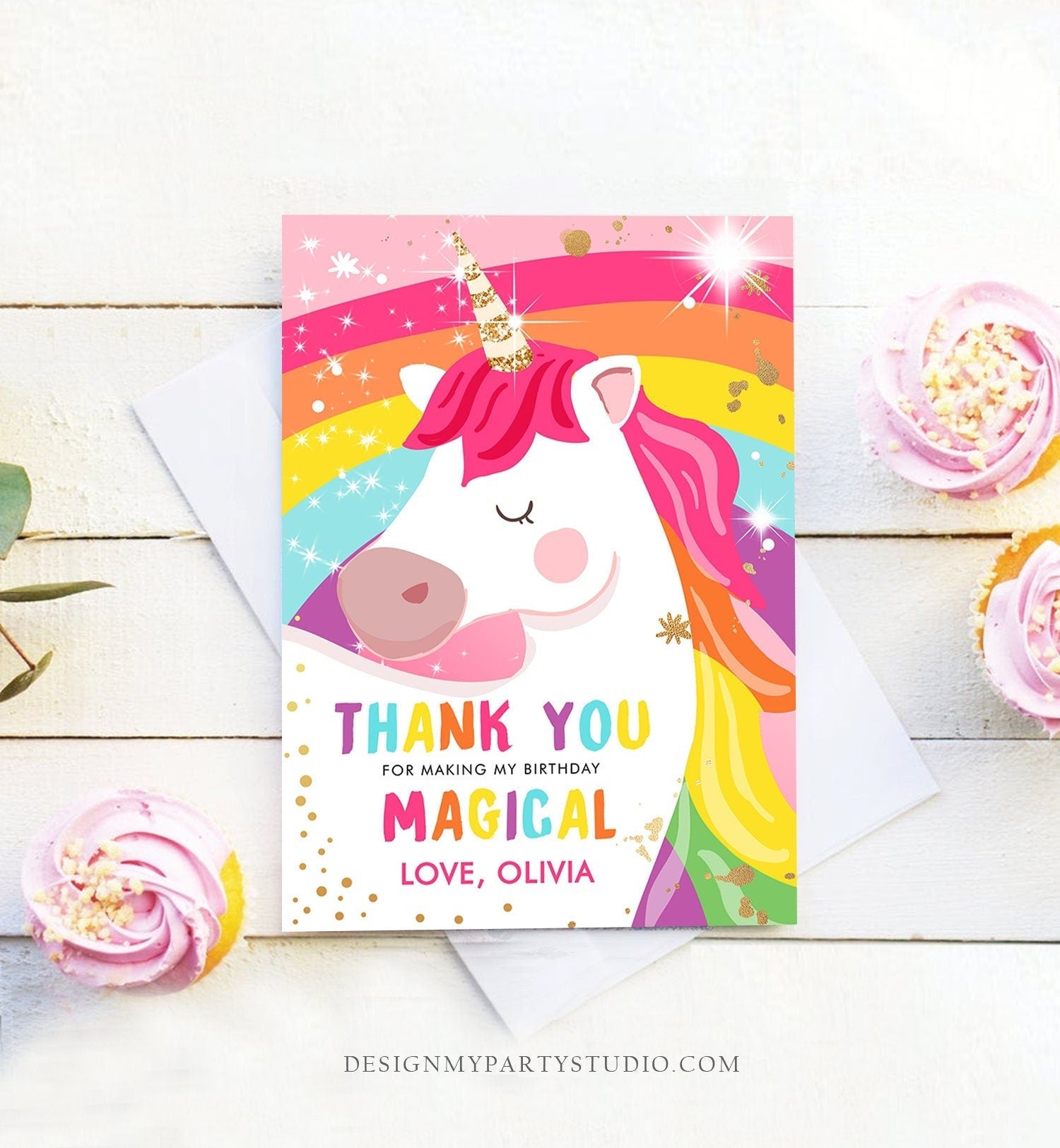 Editable Unicorn Thank You Card Magical Birthday Party Rainbow Thank You Note Pink Gold Girl Unicorn Printable Template Digital 0323