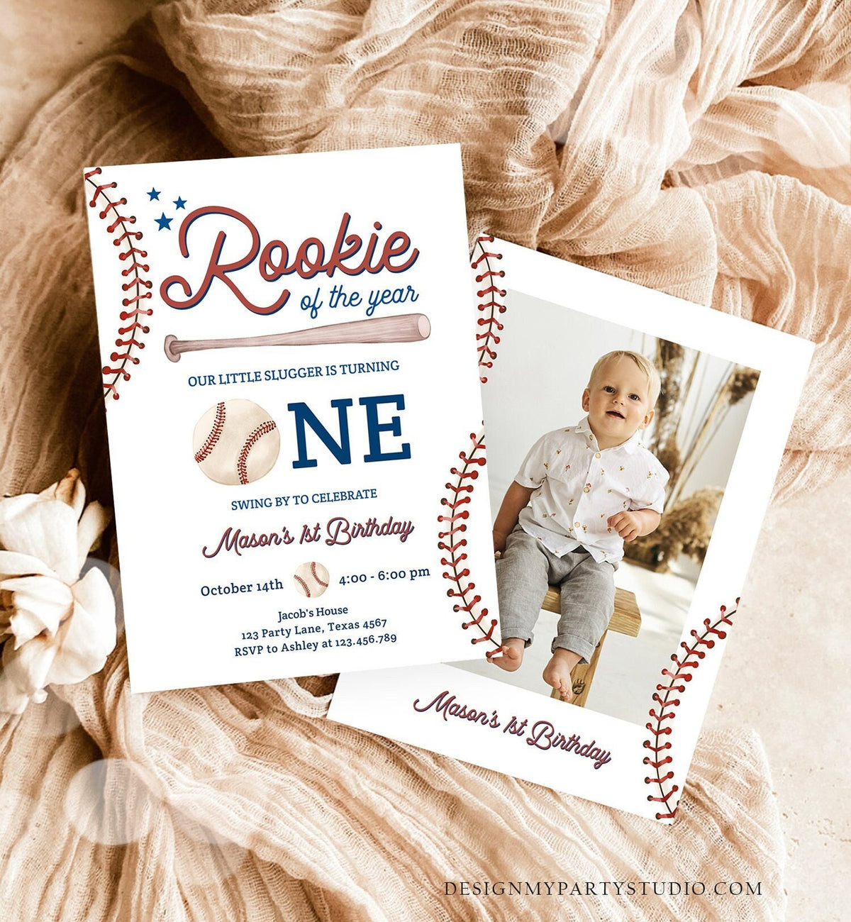 Editable Baseball First Birthday Invitation Rookie of The Year Invite Boy Birthday Little Slugger Download Template Digital Corjl 0492