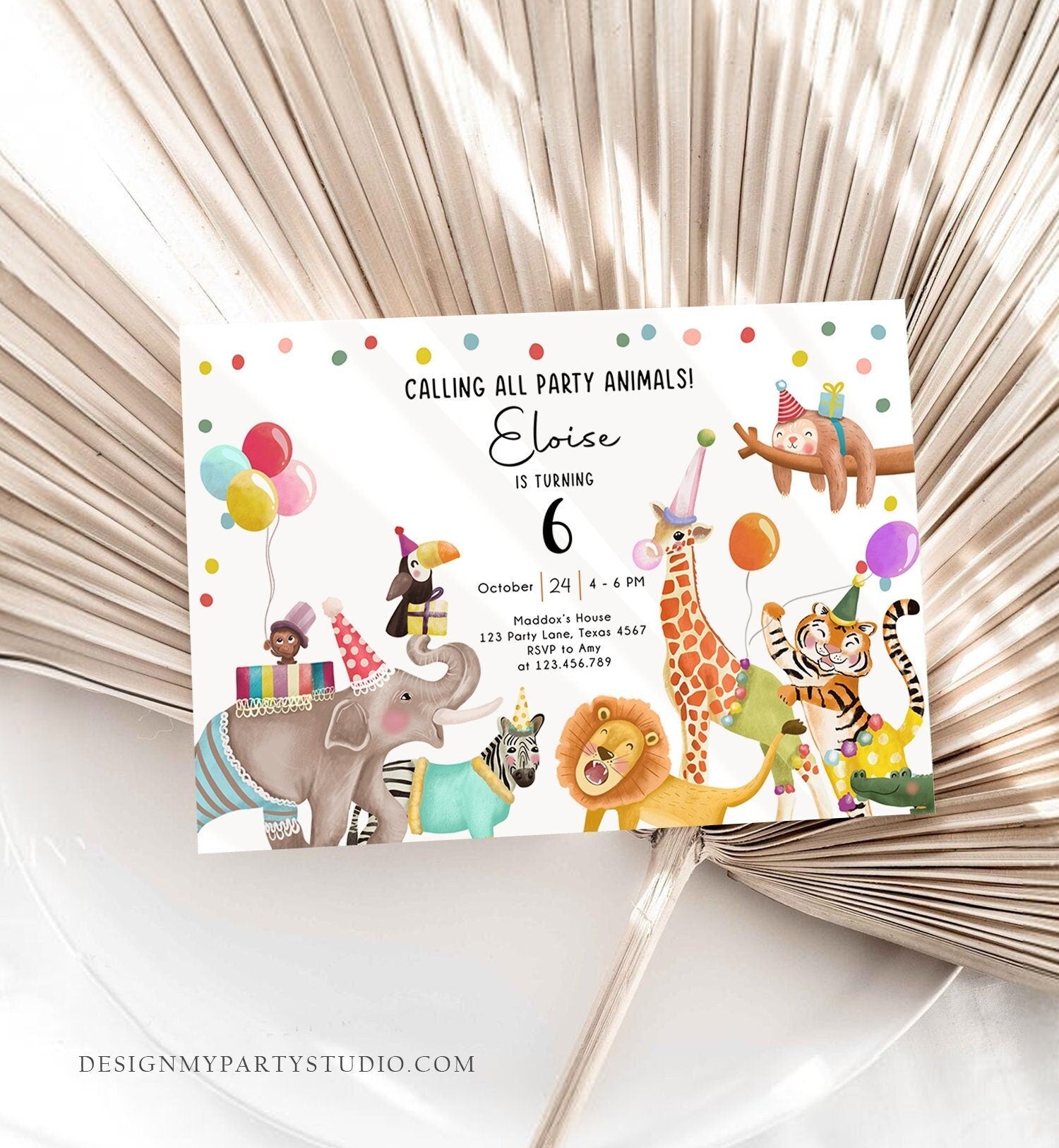 Editable Calling All Party Animals Birthday Invitation Wild One Jungle Zoo Safari Animals Boy Girl Download Printable Corjl Template 0482