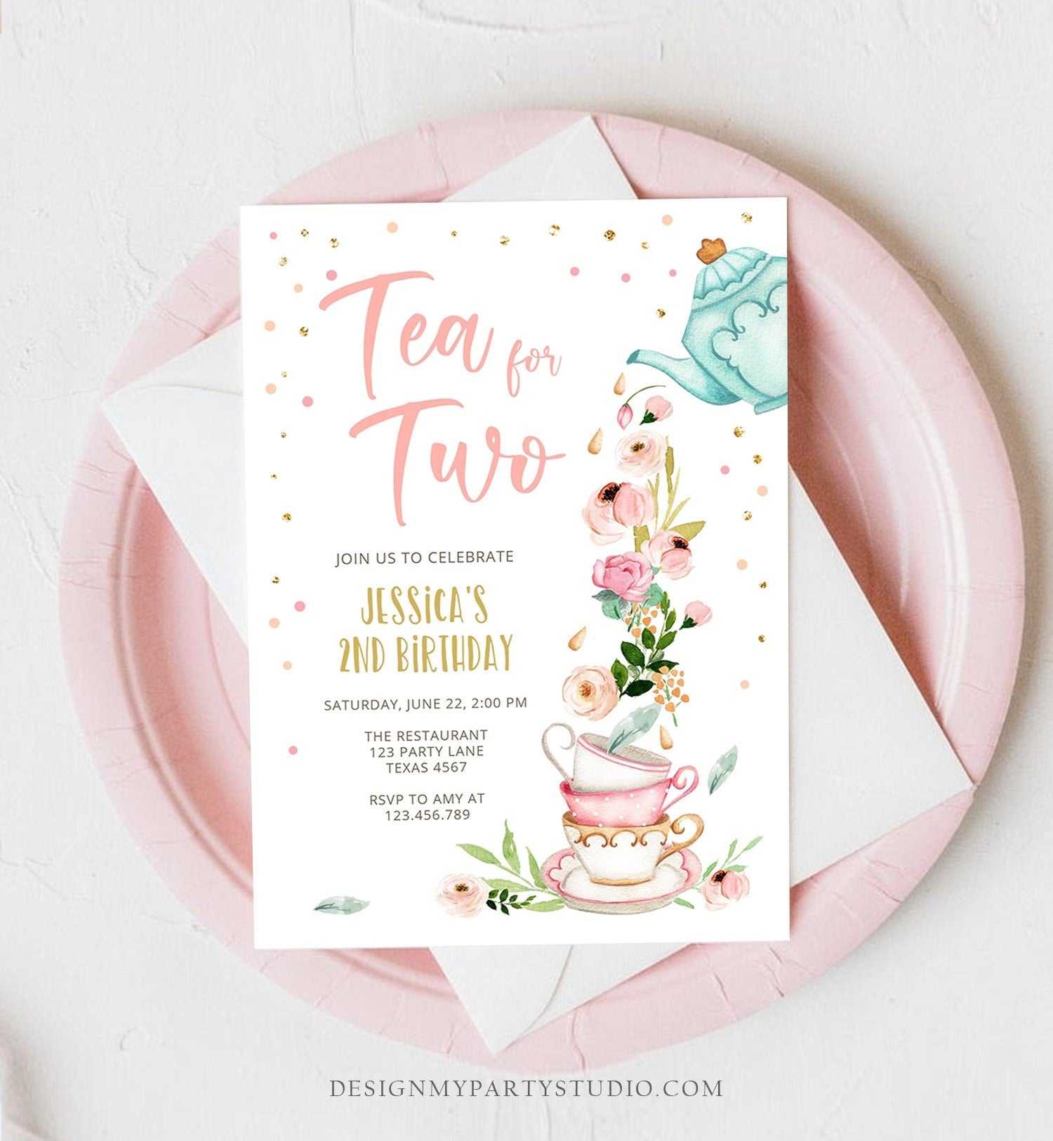 Editable Tea for Two Birthday Invitation Girl Tea Party Invite Pink Gold Floral Peach Pink Download Printable Template Corjl Digital 0349