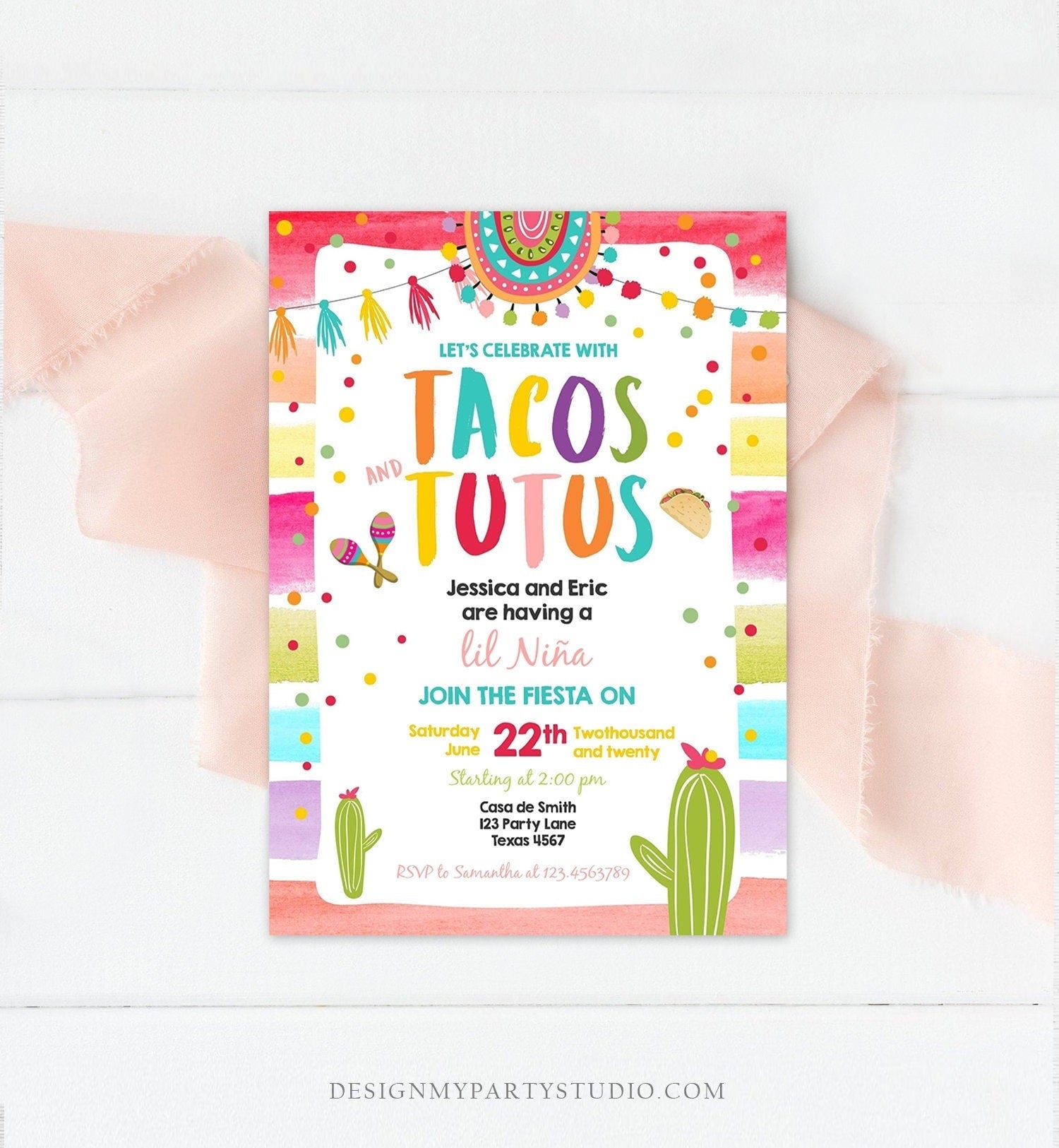 Editable Fiesta Baby Shower Invitation Tacos and Tutus Cactus Mexican Fiesta Couples Shower Taco Sprinkle Digital Template Printable 0134