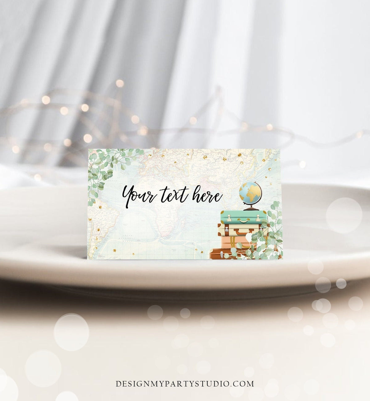 Editable Travel Adventure Food Labels Place Card Tent Bridal Shower Suitcases Eucalyptus Greenery Download Corjl Template Printable 0030