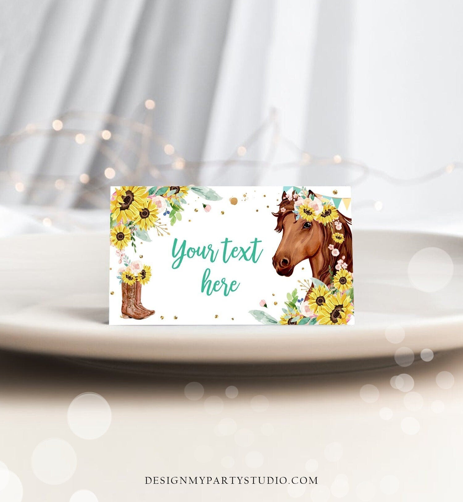 Editable Horse Birthday Food Tent Cards Horse Labels Cowgirl Party Place Cards Girl Sunflowers Pony Saddle Up Printable Template Corjl 0408