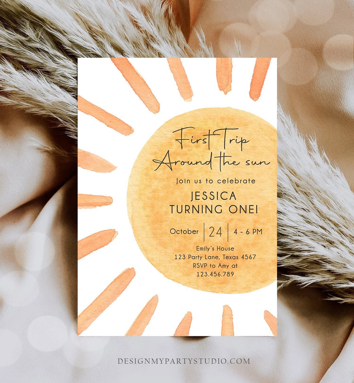 Editable First Trip Around The Sun Birthday Invitation 1st Birthday Sunshine Birthday Boho Download Printable Template Digital Corjl 0431