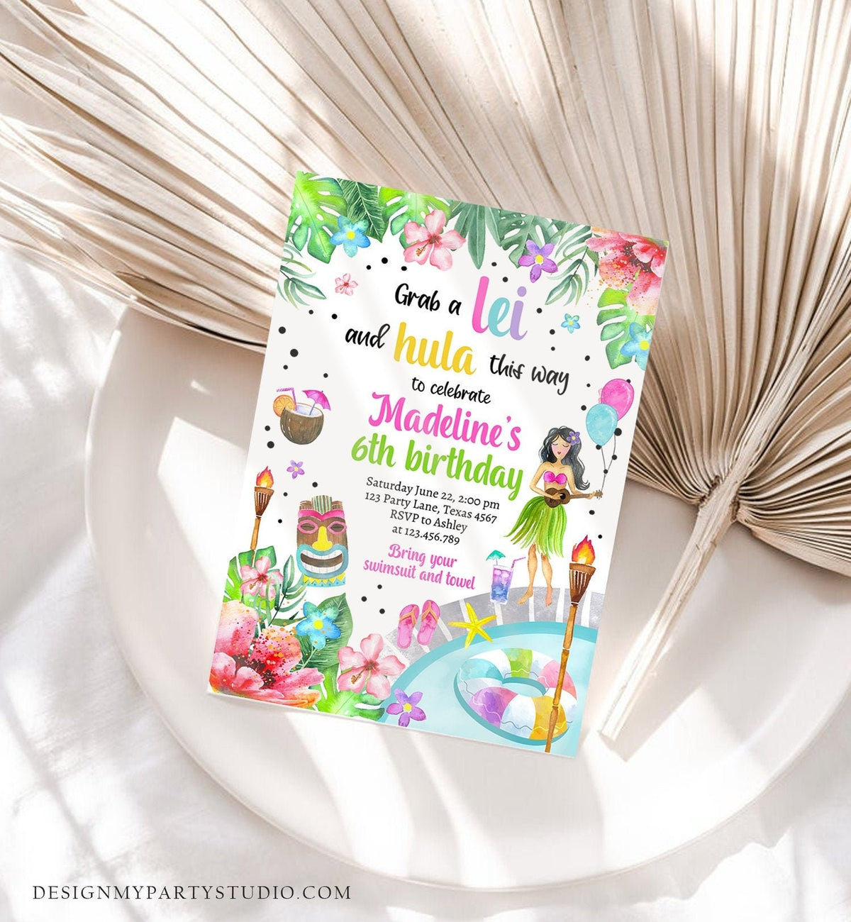 Editable Hawaiian Luau Birthday Invitation Tropical Pool Party Luau Party Hawaiian Birthday Hawaii Download Digital Template Printable 0412