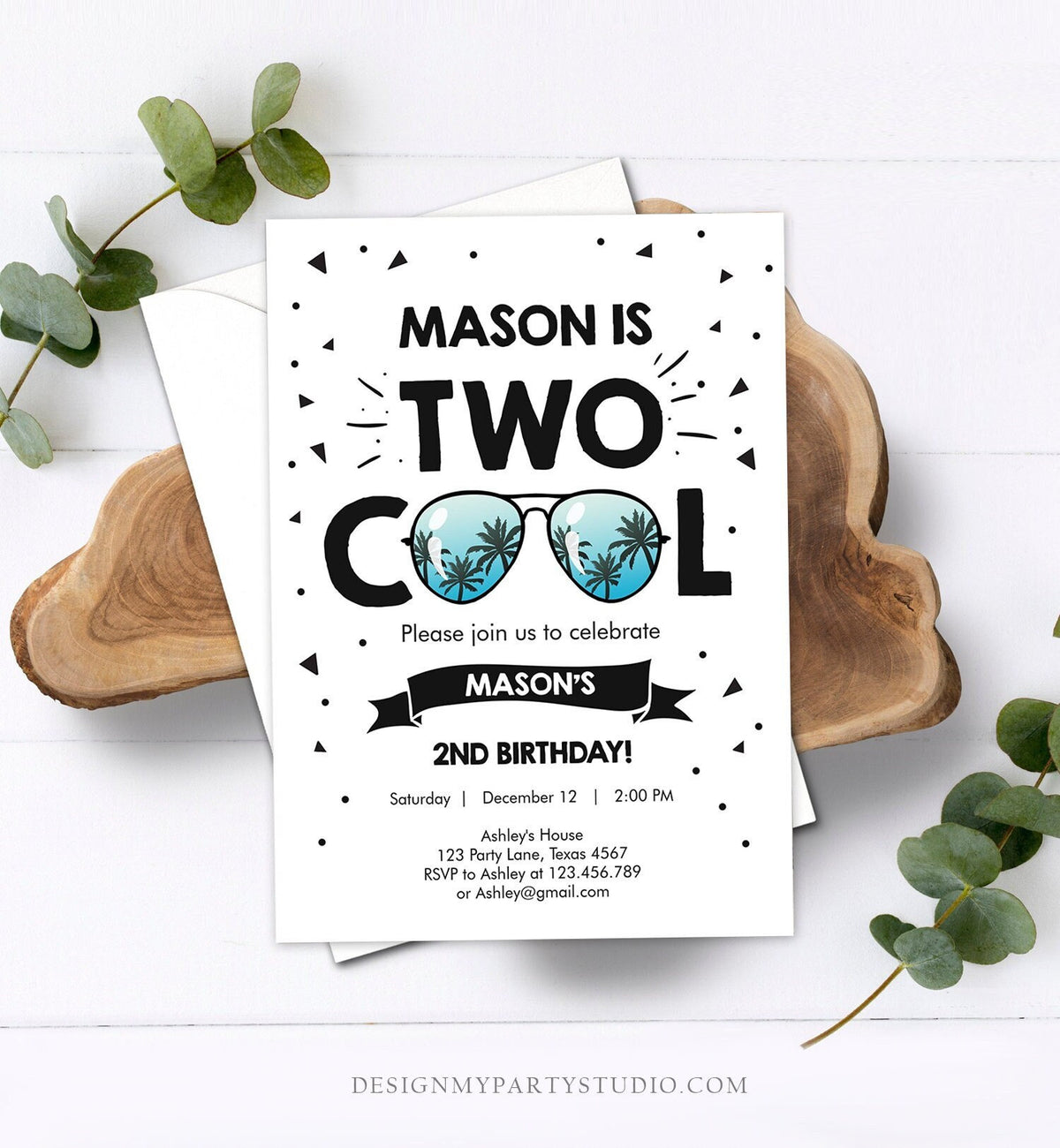 Editable Two Cool Birthday Invitation Boy Second Birthday Party 2nd I&amp;#39;m this Many I&amp;#39;m Two Cool Sunglasses Palm Corjl Template Printable 0136