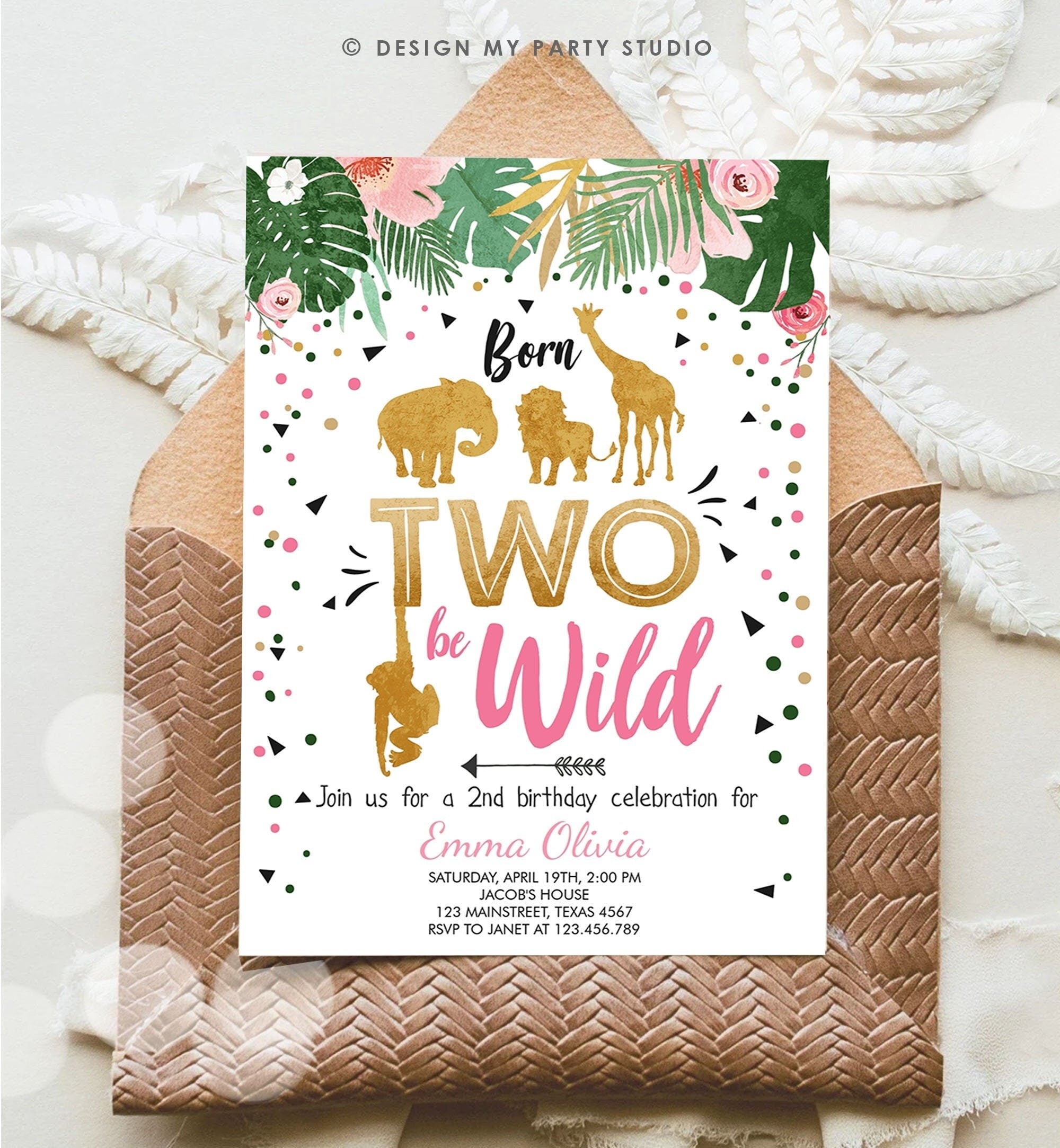 Editable Born Two Be Wild Birthday Invitation Girl Animals Jungle Safari Pink Gold 2nd Birthday Download Printable Template Digital 0016