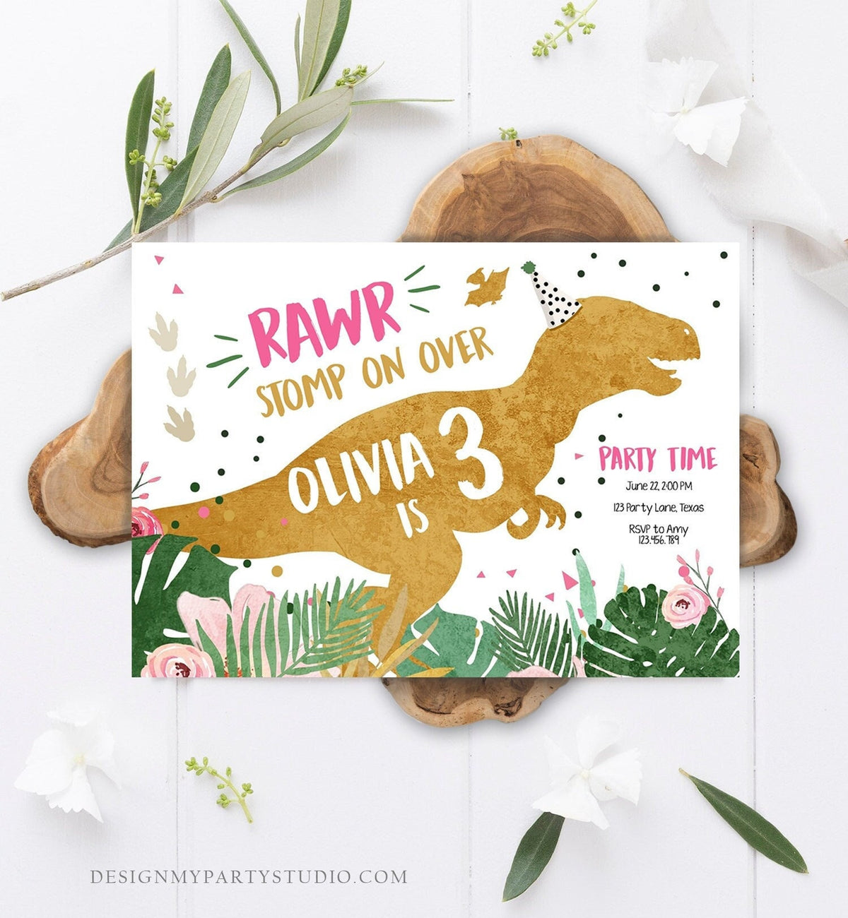 Editable Three-Rex Dinosaur Birthday Invitation Dino T-Rex Third Birthday 3rd RAWR Girl Pink Gold Prehistoric Corjl Template Printable 0146