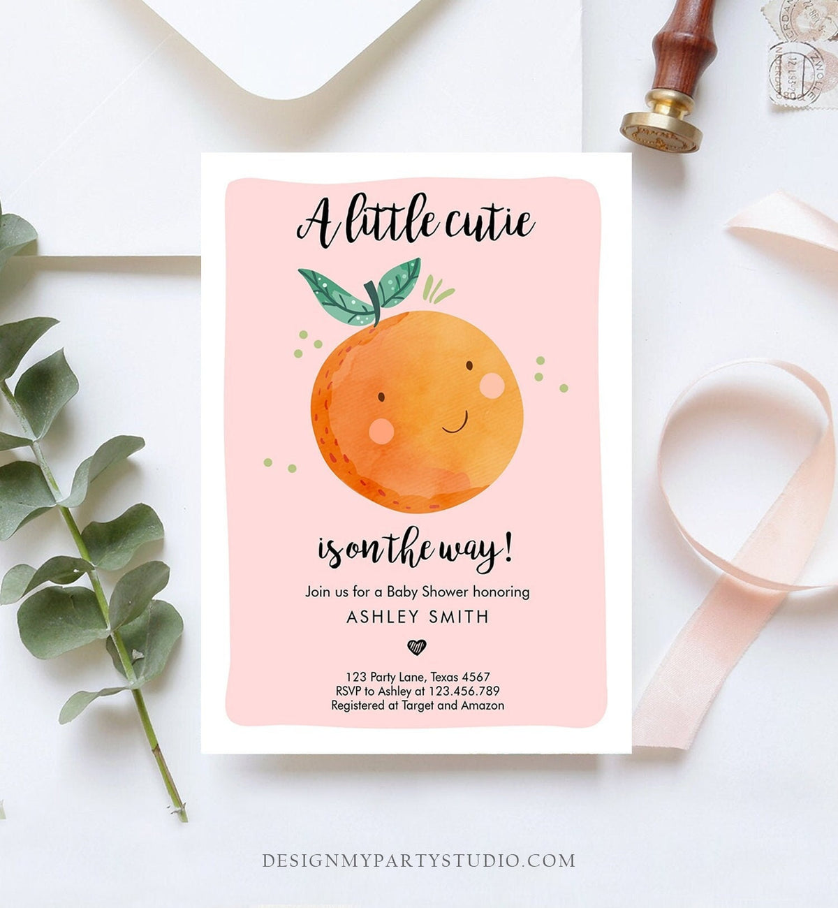 Editable A Little Cutie is on The Way Baby Shower Invitation Clementine Orange Coed Shower Girl Pink Download Printable Corjl Template 0330