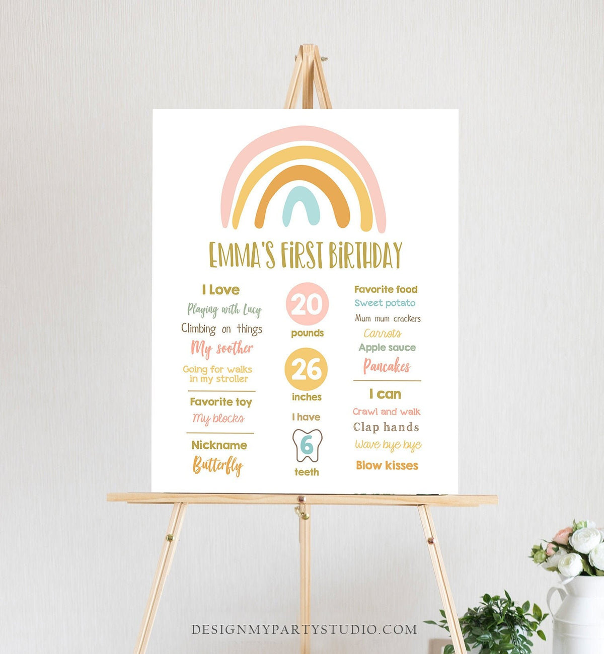 Editable Rainbow Birthday Milestones Sign Girl First Birthday 1st Pastel Infographic Birthday Decor Download Corjl Template Printable 0331