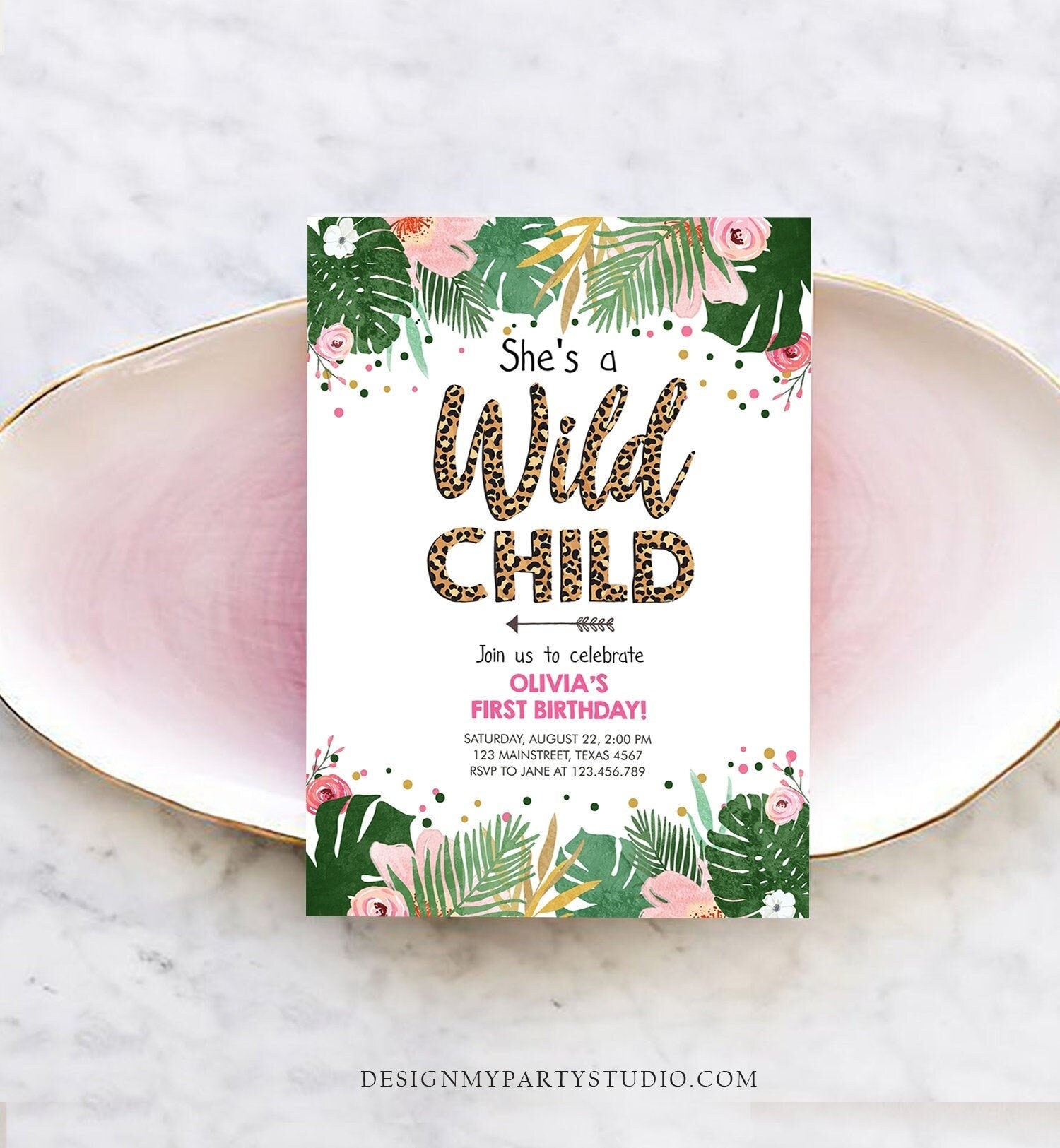 Editable Wild Child Birthday Invitation Girl Tropical Safari Pink Leopard Jungle Wild One Two Wild Digital Download Template Printable 0332