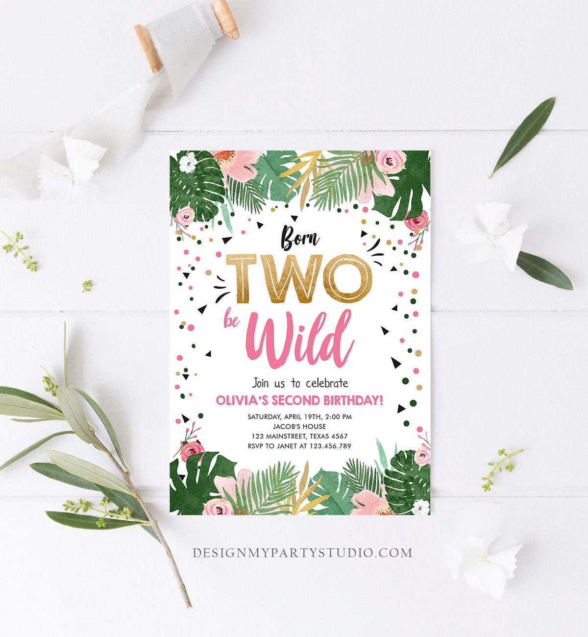 Editable Born Two be Wild Birthday Invitation Girl Tropical Safari Pink Gold Second Birthday 2nd Digital Download Template Printable 0332