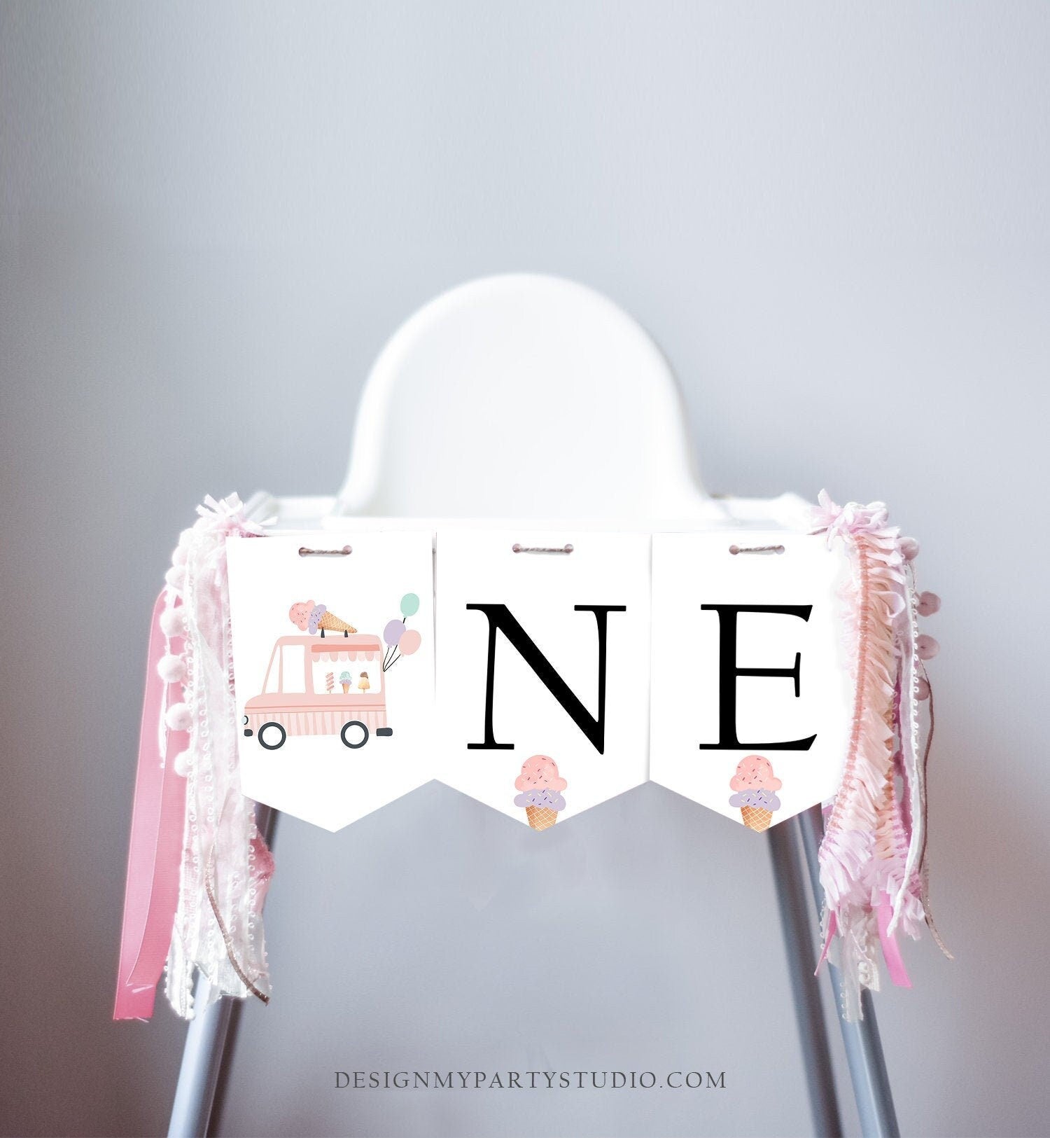 Ice Cream Truck High Chair Banner Modern Mint Pink Ice Cream 1st First Birthday Girl High Chair ONE Banner Sweet One PRINTABLE Digital 0415