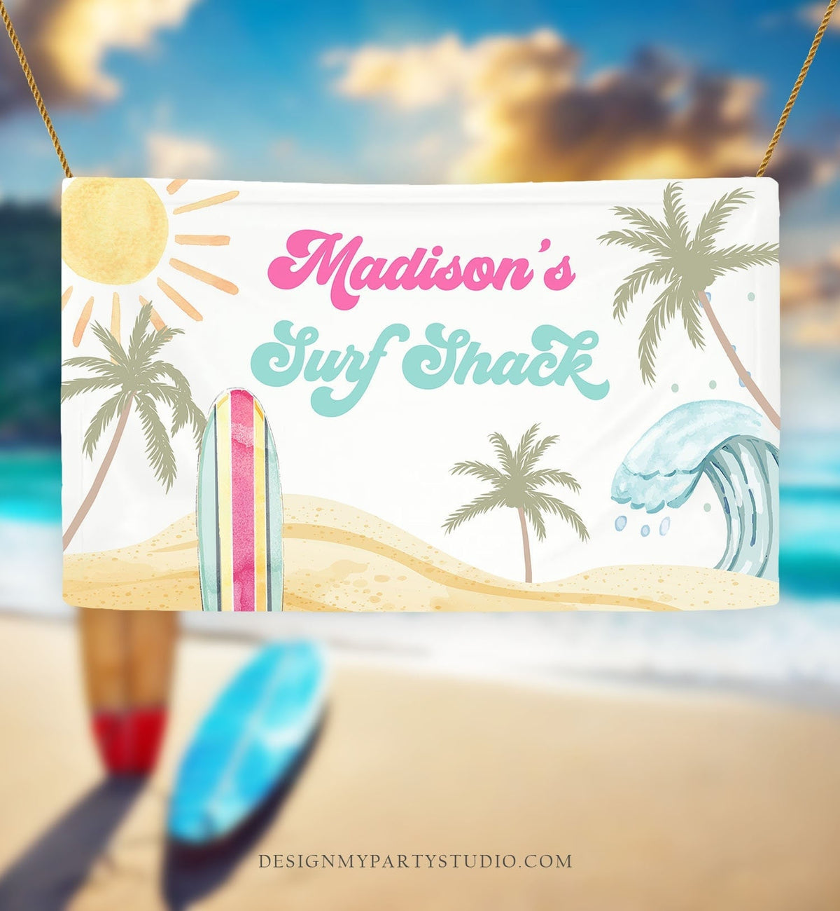 Editable Surf Birthday Backdrop Banner Surfing Birthday Girl First Beach The Big One Surf Shack Download Corjl Template Printable 0433