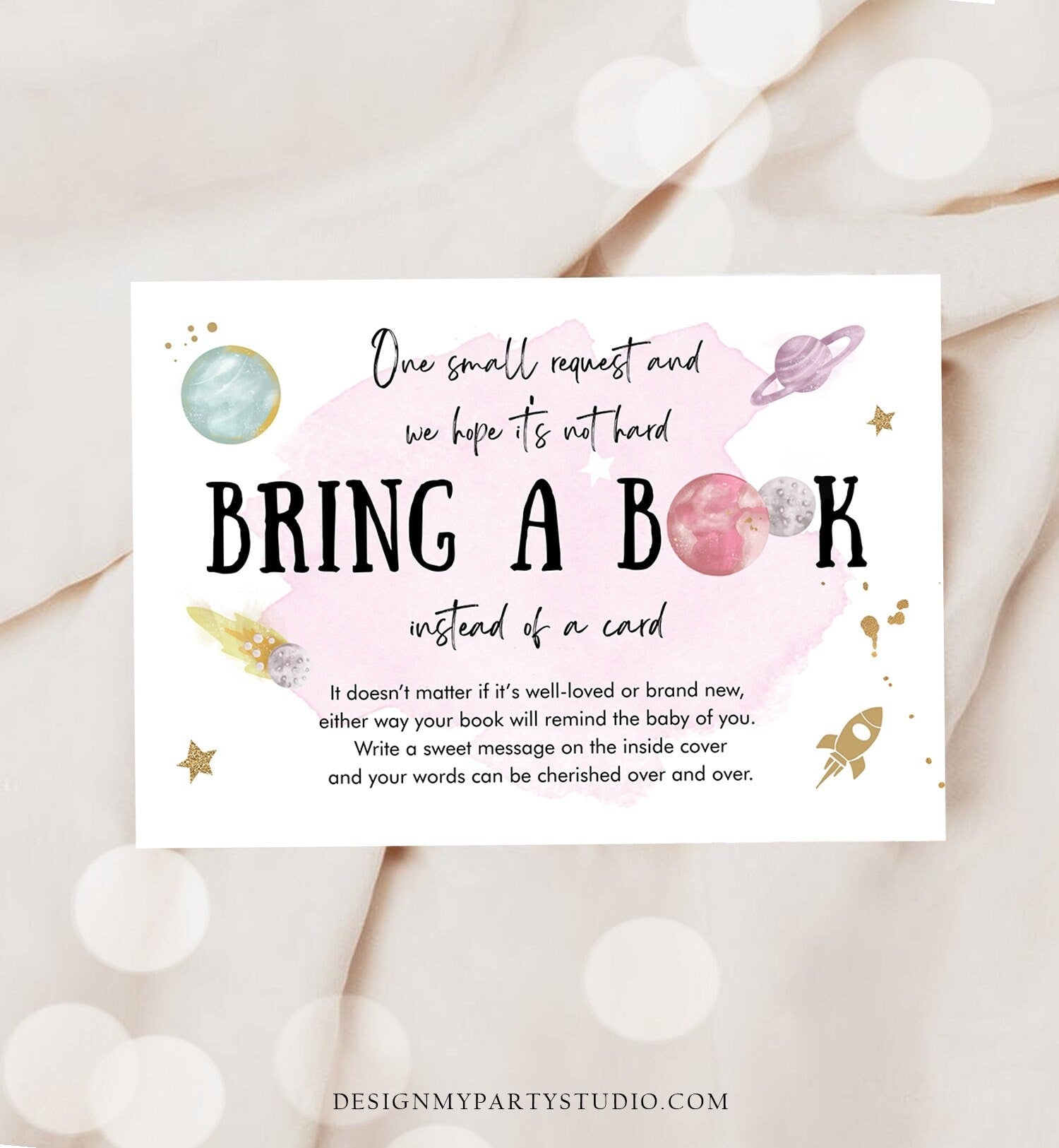 Editable Outer Space Bring a Book Card Baby Shower Space Astronaut Galaxy Watercolor Baby Girl Rocket Book Insert Corjl Template 0357