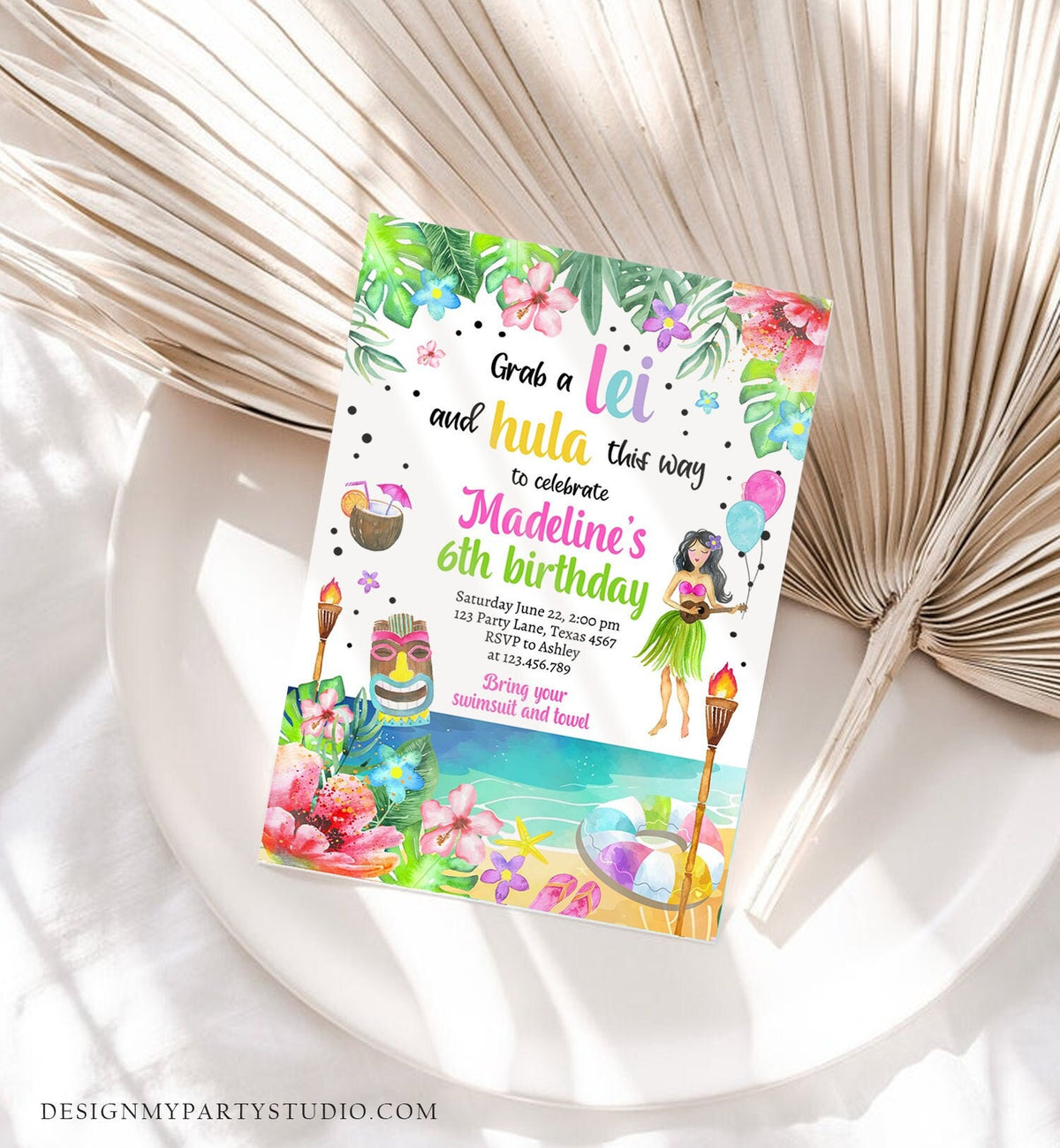 Editable Hawaiian Luau Birthday Invitation Tropical Pool Party Luau Party Hawaiian Birthday Hawaii Download Corjl Template Printable 0412