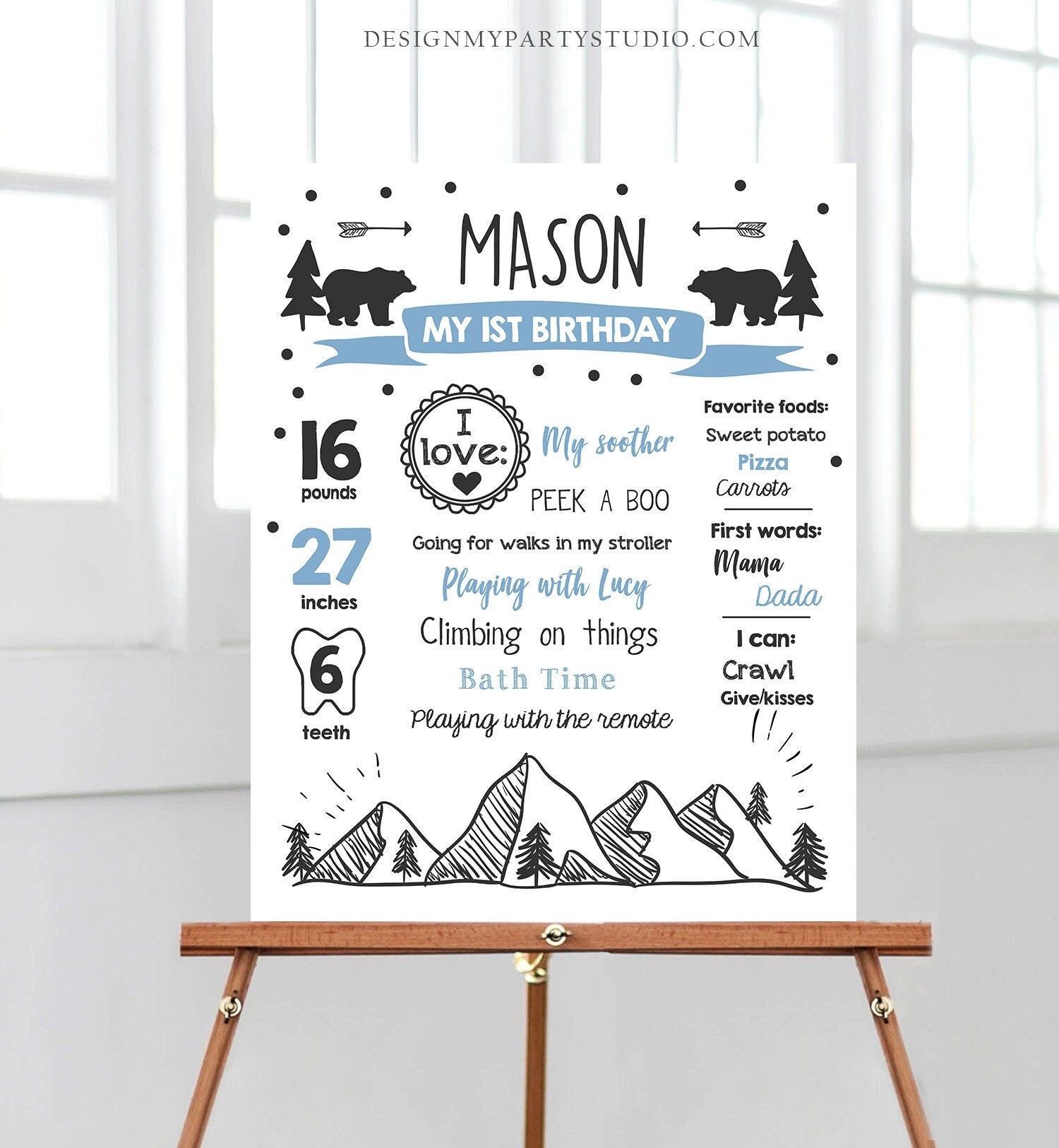 Editable Wild Adventure Birthday Milestones Sign Wild One First Birthday 1st Boy Onederful Wild Adventure Bear Corjl Template Printable 0083