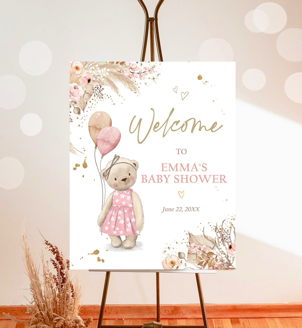 Editable Boho Teddy Bear Welcome Sign Bear Baby Shower Girl Bearly Wait Baby Shower Pampas Grass Bohemian Corjl Template Printable 0421