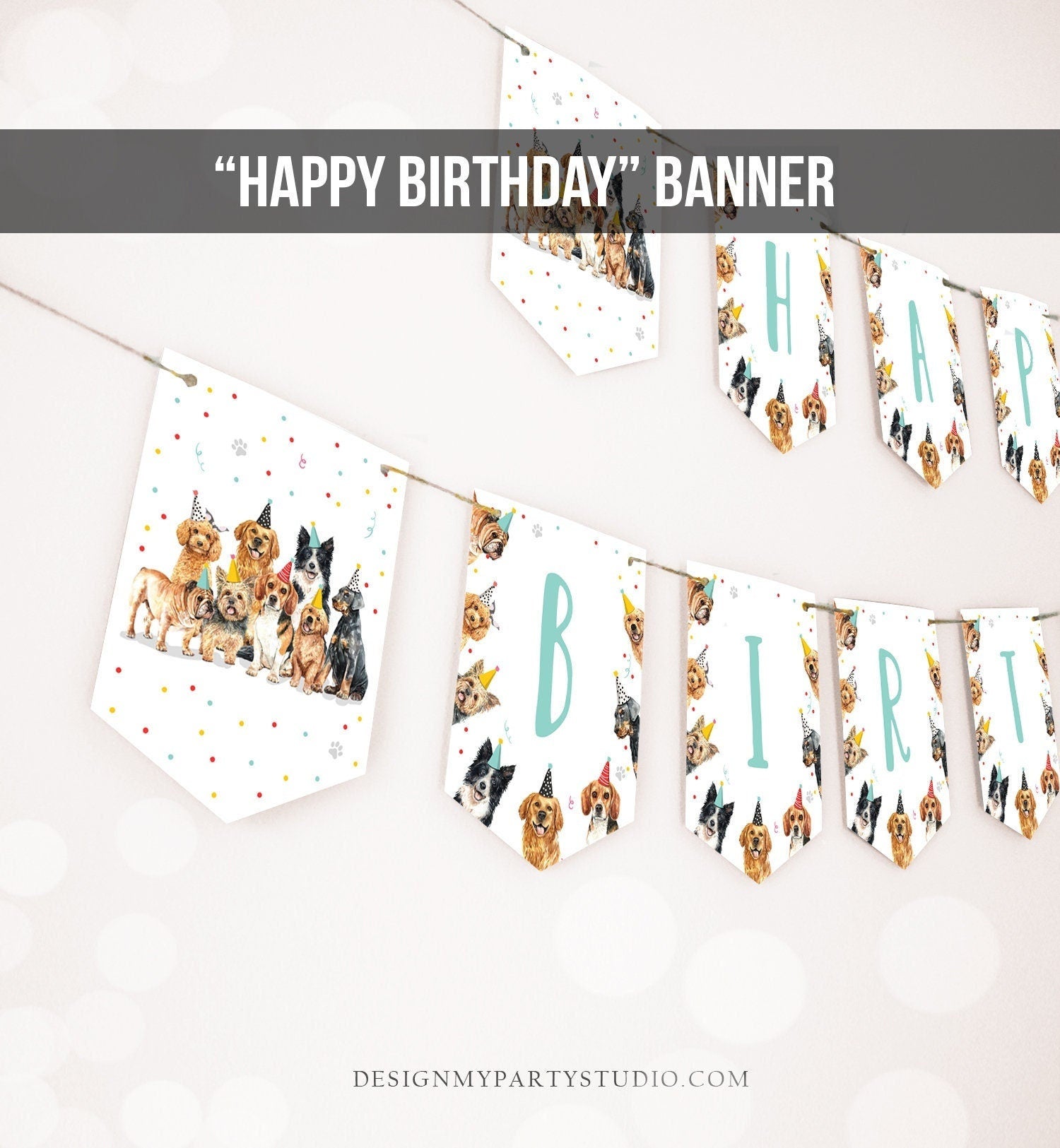 Happy Birthday Banner Dog Birthday Banner Puppy Pawty Girl Decor Animal Pet Vet Puppy Party Dogs 1st Download PRINTABLE DIGITAL DIY 0384