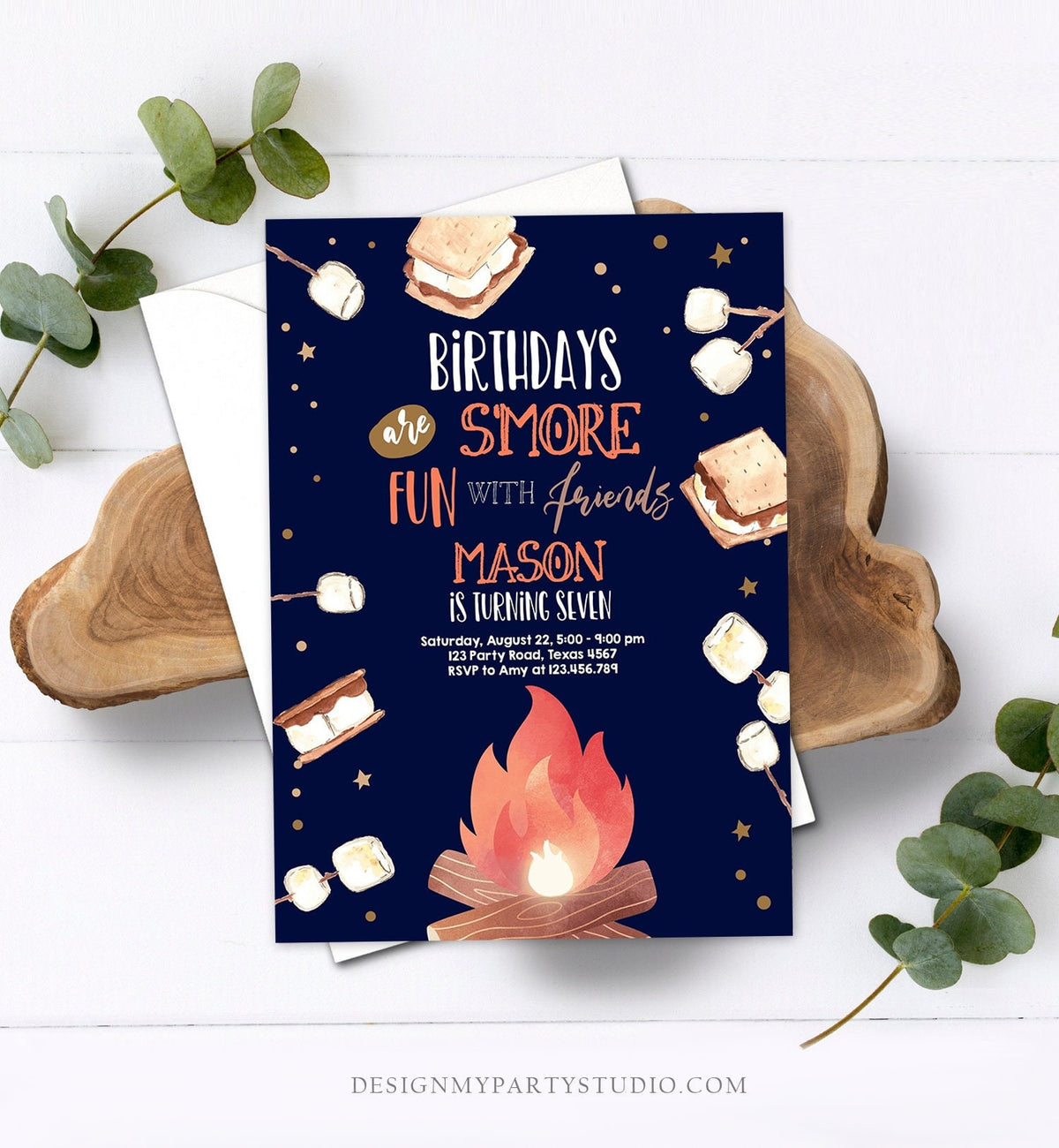 Editable S&#39;more Birthday Invitation Bonfire Invitation Camping Smore Fun with Friends Download Printable Invitation Template Digital 0179