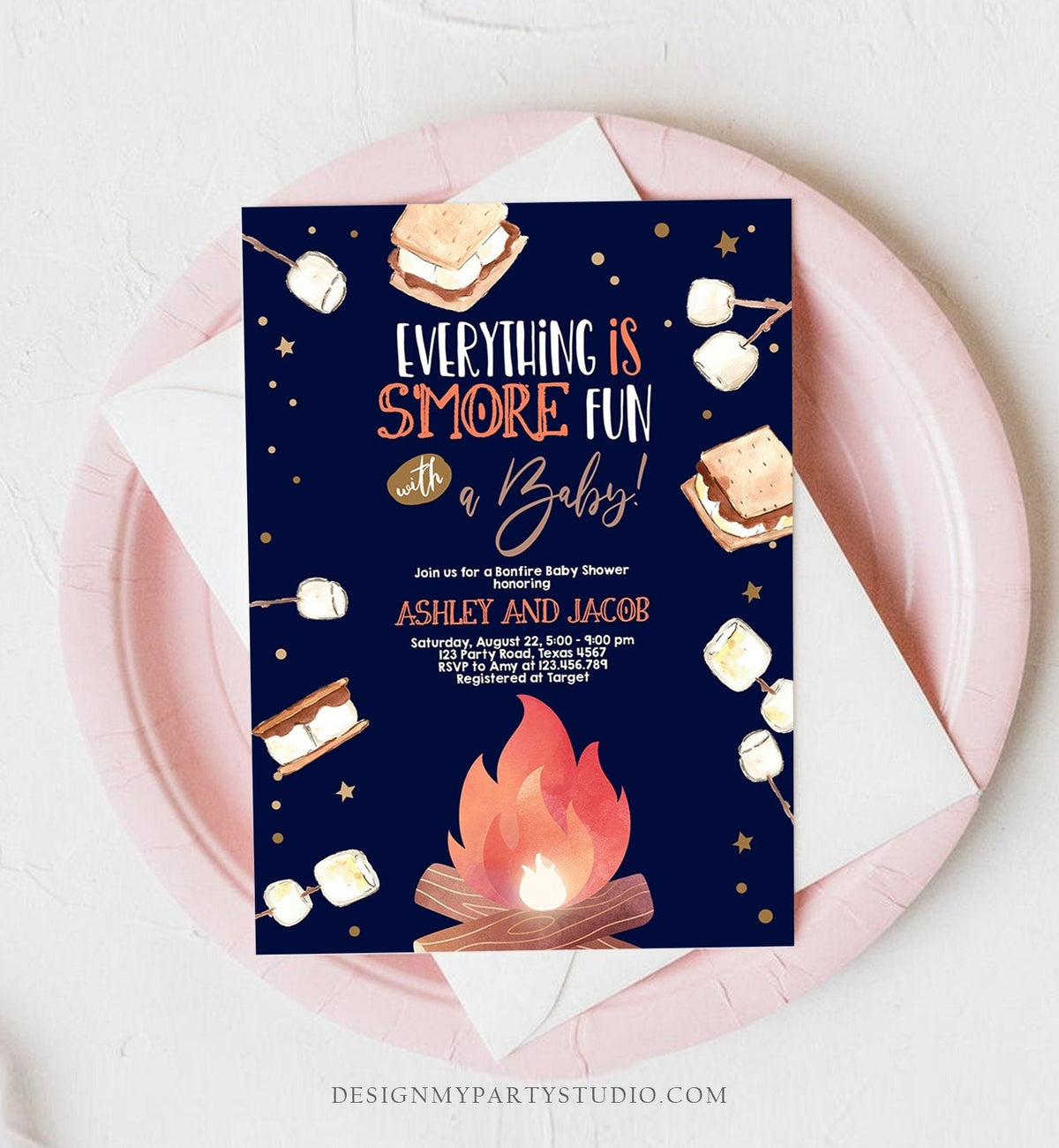 Editable S&#39;more Baby Shower Invitation Bonfire Baby Shower Autumn Couples Shower Invite Fall Smores Neutral Printable Template Corjl 0179