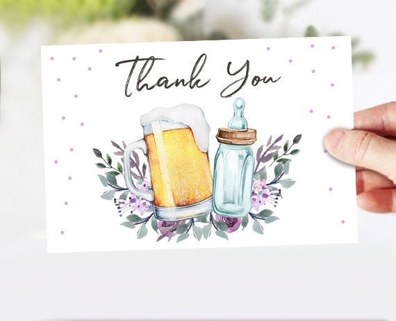 Brewing Thank you Card A Baby is Brewing Thank You Note 4x6&quot; Love is Brewing Beer Baby Shower Gender Neutral Purple Instant Download 0190