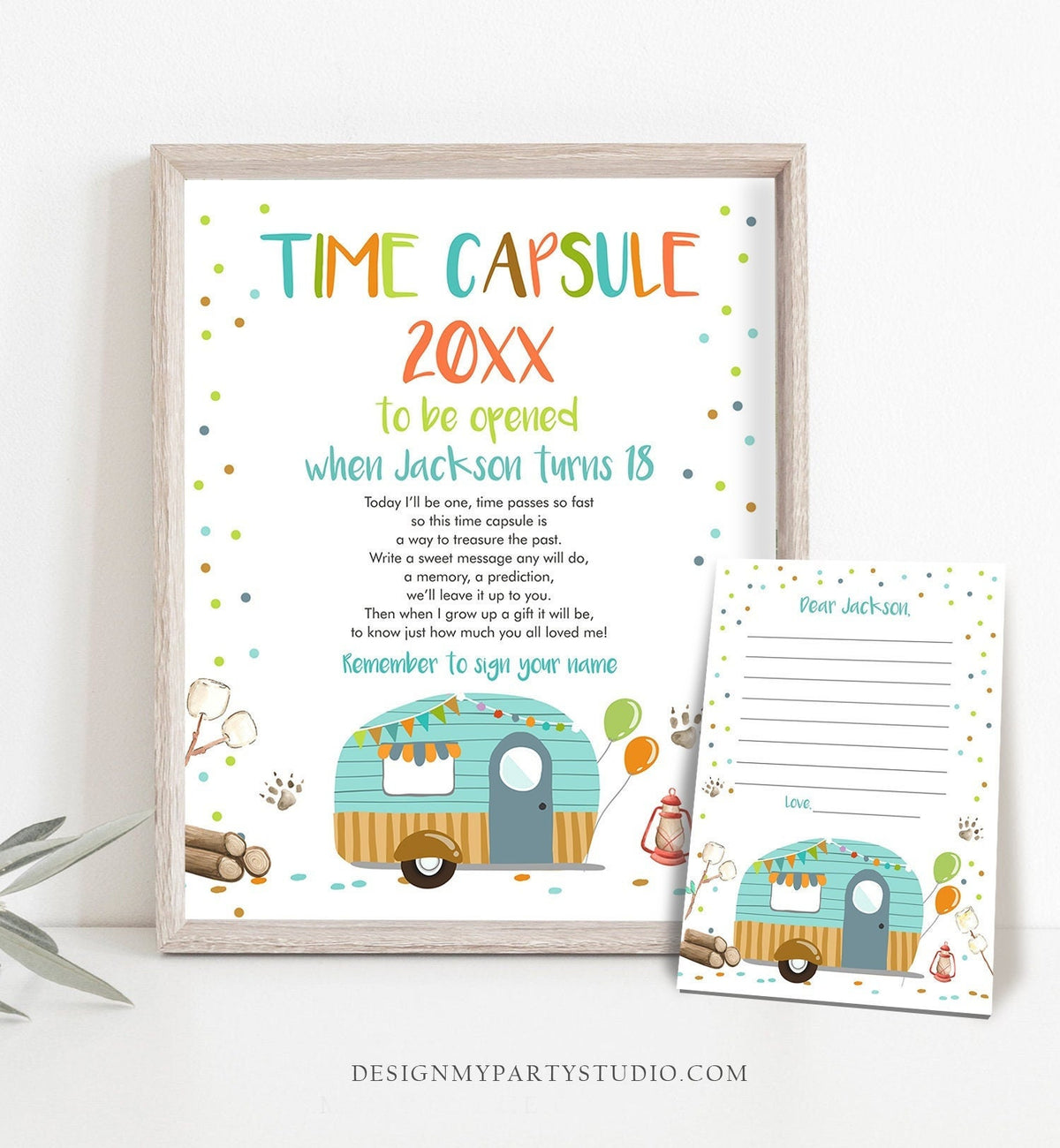 Editable Happy Camper Time Capsule Boy Birthday Party Camping Glamping Caravan Outdoor Blue Guestbook Template Printable Corjl 0342