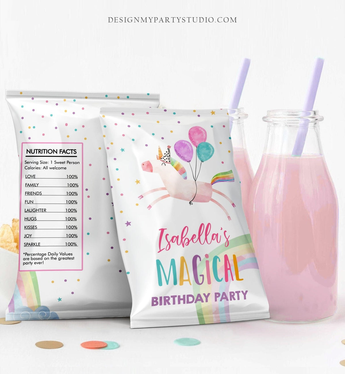 Editable Unicorn Chip Bag Magical Unicorn Birthday Party Decor Girl Rainbow Party Snack Unicorn Party Favors Digital Corjl Template 0336