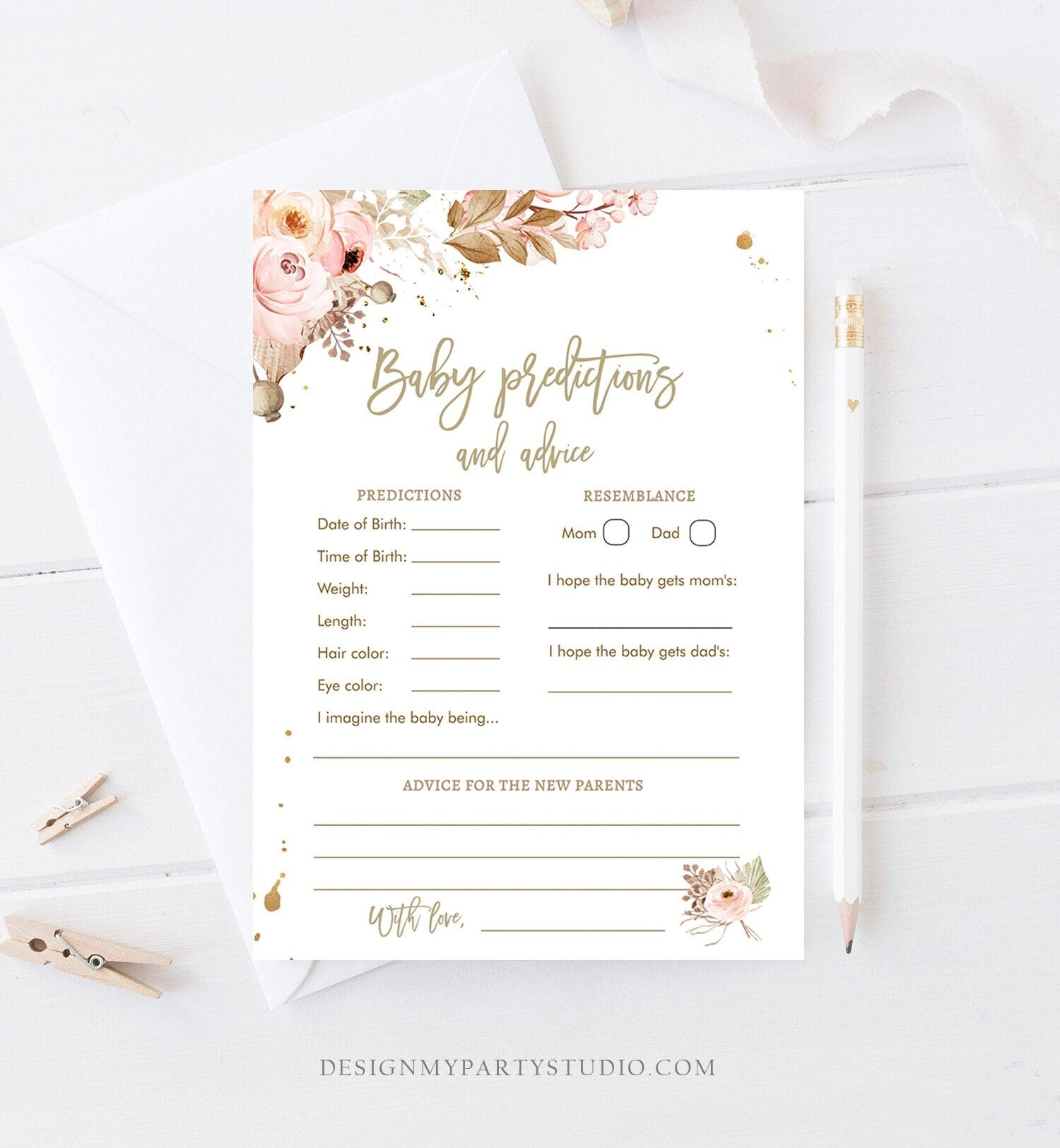 Editable Baby Predictions Baby Shower Game Advice Pampas Grass Bohemian Baby Shower Activity Tropical Desert Corjl Template Printable 0395