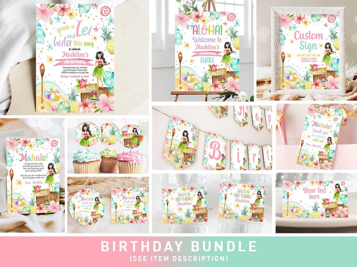 Hawaiian Luau Birthday Invitation Bundle Tropical Pool Party Luau Party Pack Girl Luau Party Package Summer Printable Corjl Template 0413