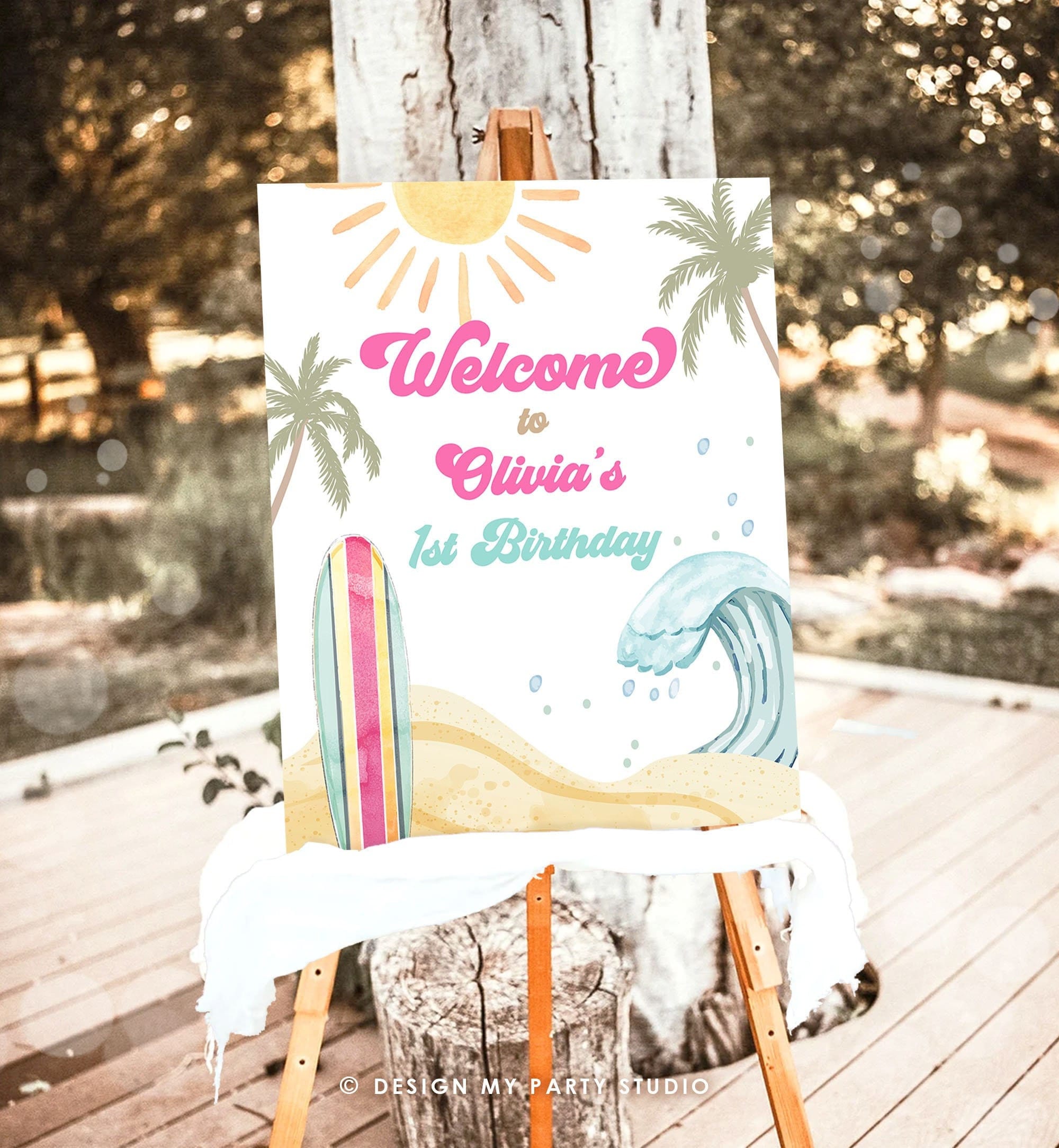 Editable Surf Birthday Welcome Sign Girl The Big One Birthday First Welcome Sign Beach Party Retro Big Wave Template Corjl PRINTABLE 0433