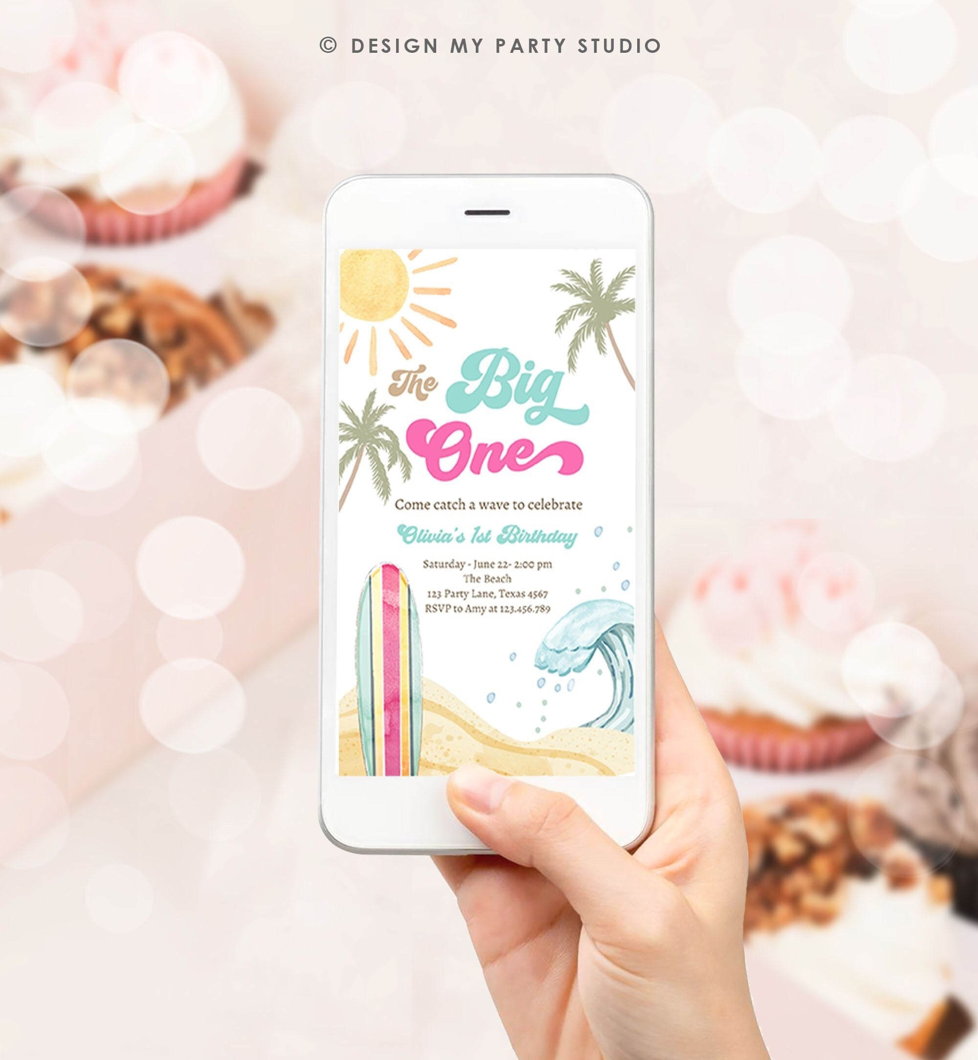 Editable The Big One Surf 1st Birthday Invitation Retro Surfboard Beach Party Wave Surfer Boho Girl Download Template Corjl Digital 0433