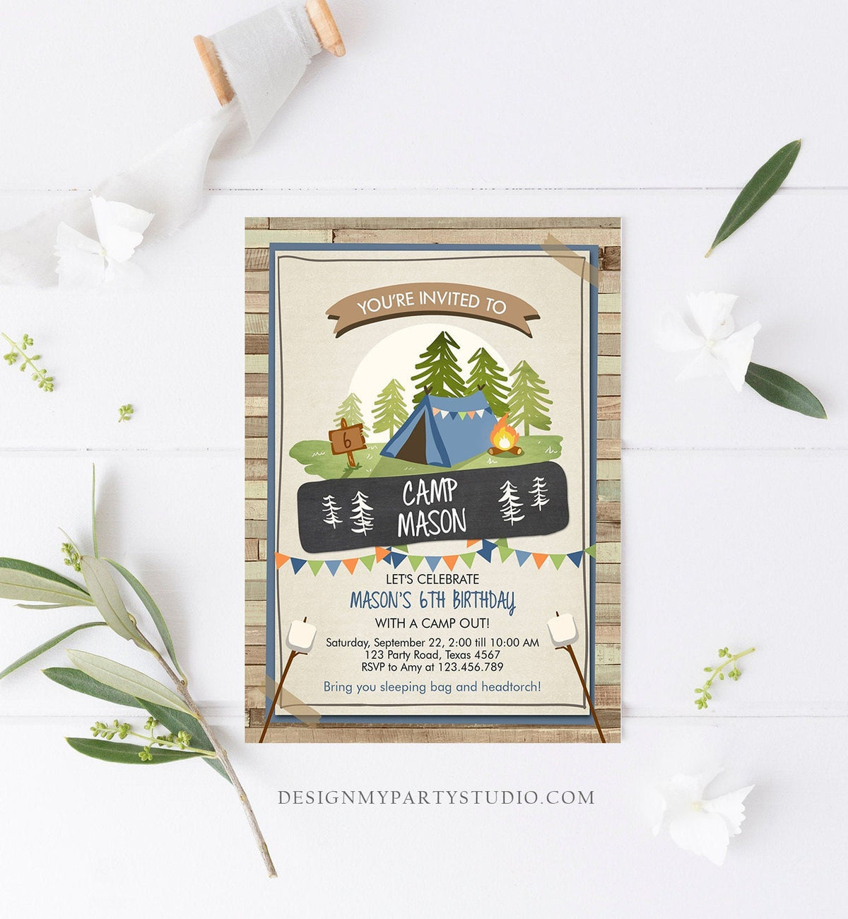 Editable Glamping Party Invitation Camp Out Birthday Invite Bonfire Outdoor Camping Tent Boy Blue Download Corjl Template Printable 0302