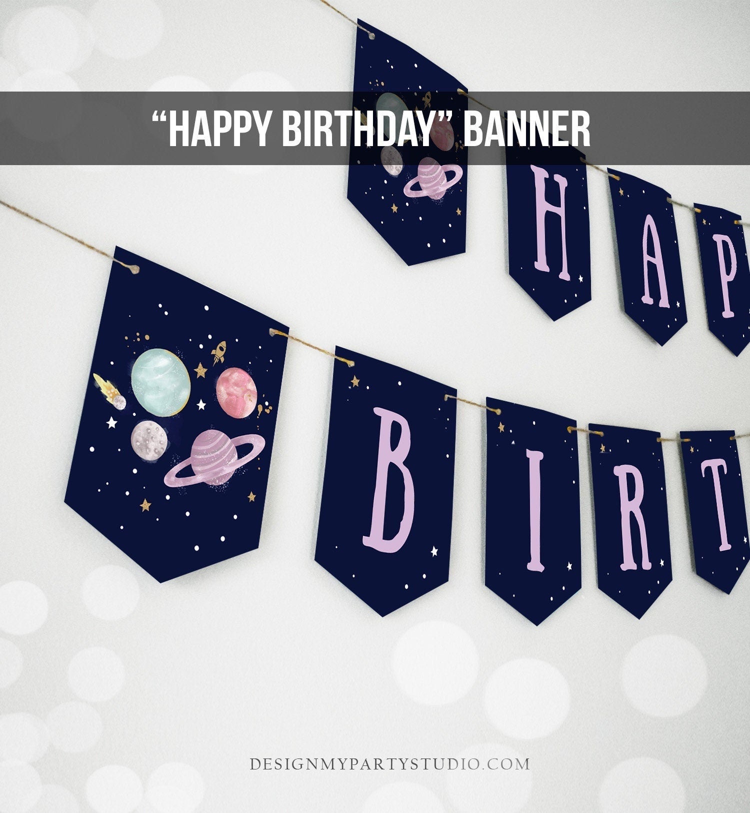 Happy Birthday Banner Outer Space Planets Banner Girl Galaxy Purple Birthday Decorations Rocket Instant Download PRINTABLE DIGITAL DIY 0357