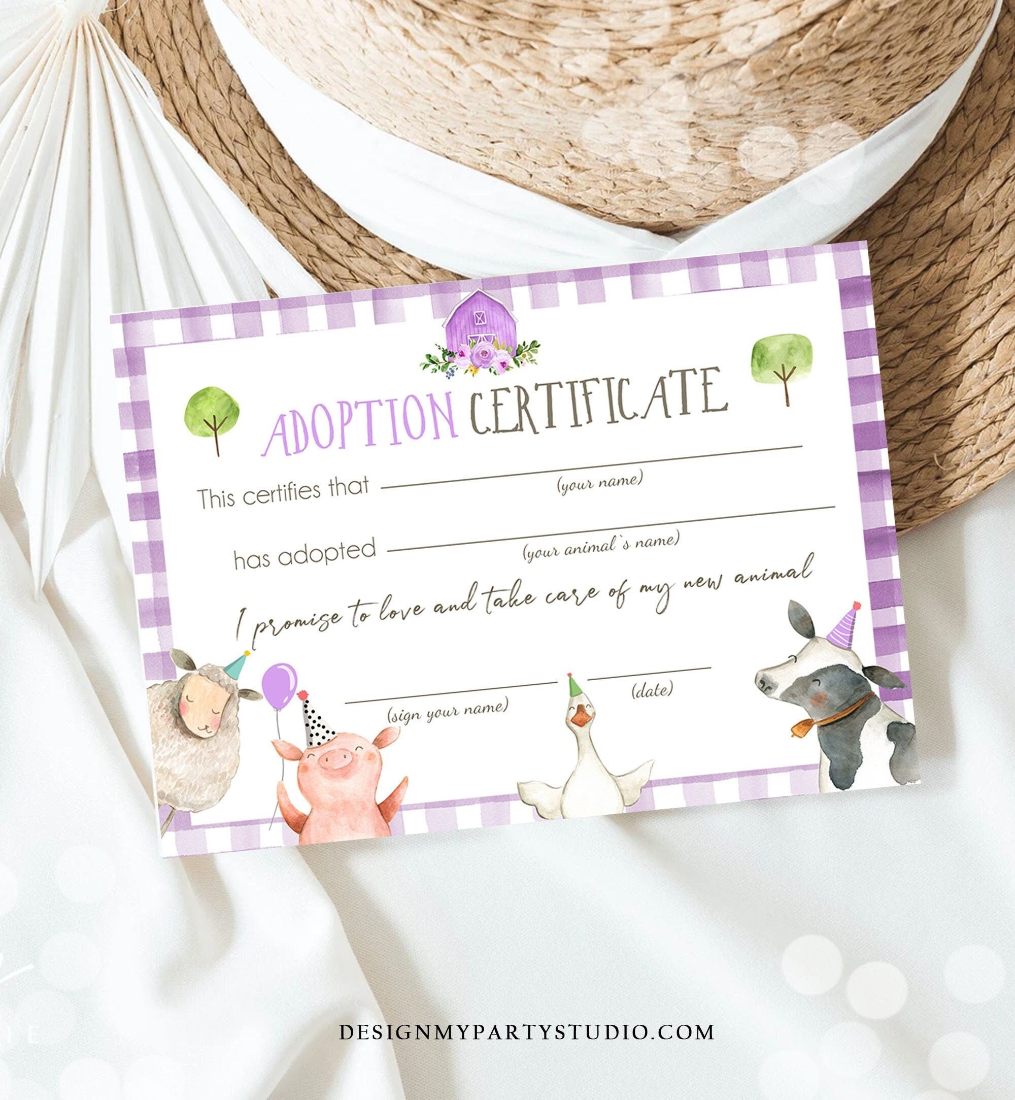 Adopt an Animal Adoption Certificate Farm Animals Adoption Purple Farm Birthday Party Barnyard Birthday Girl Download Digital PRINTABLE 0155