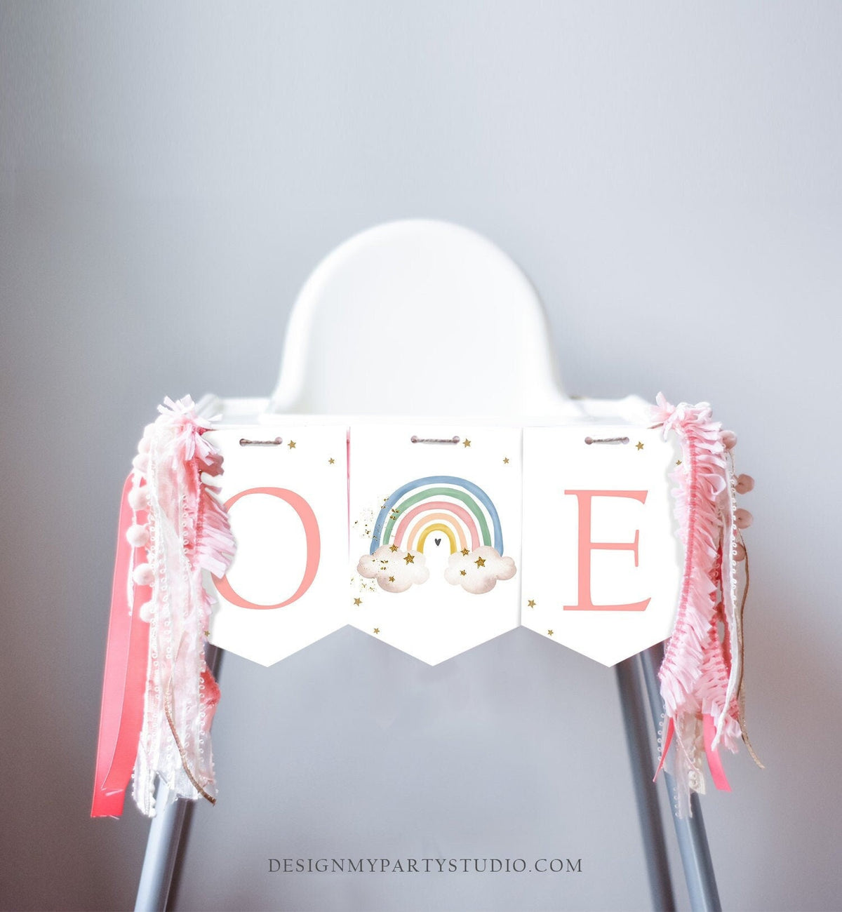 Rainbow High Chair Banner Rainbow 1st First Birthday Girl Boy High Chair ONE Banner Party Decor Boho Pastel PRINTABLE Digital 0387