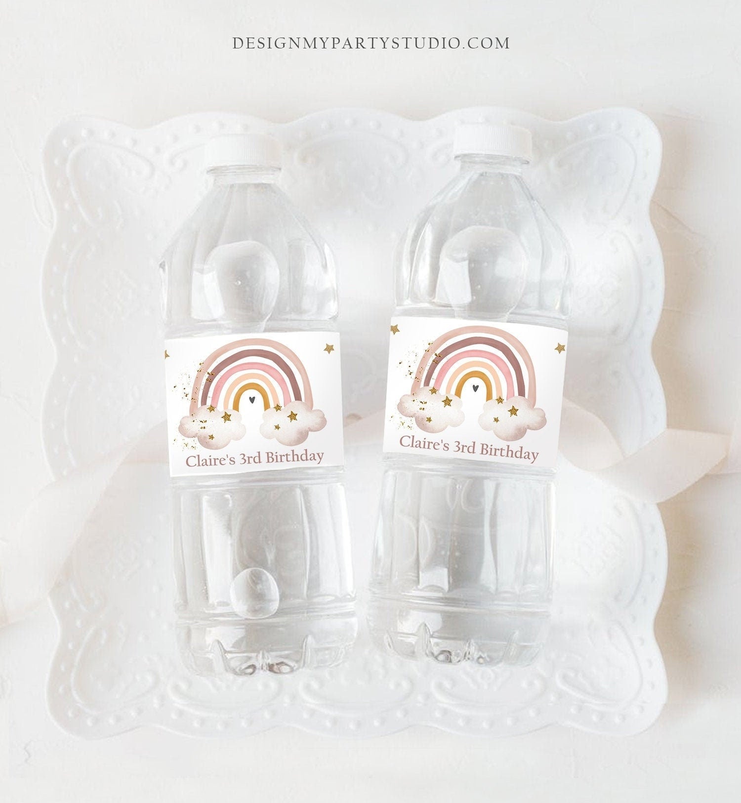 Editable Rainbow Water Bottle Labels Boho Rainbow Birthday Girl Bohemian Party Decor Baby Shower Printable Bottle Labels Template Corjl 0387