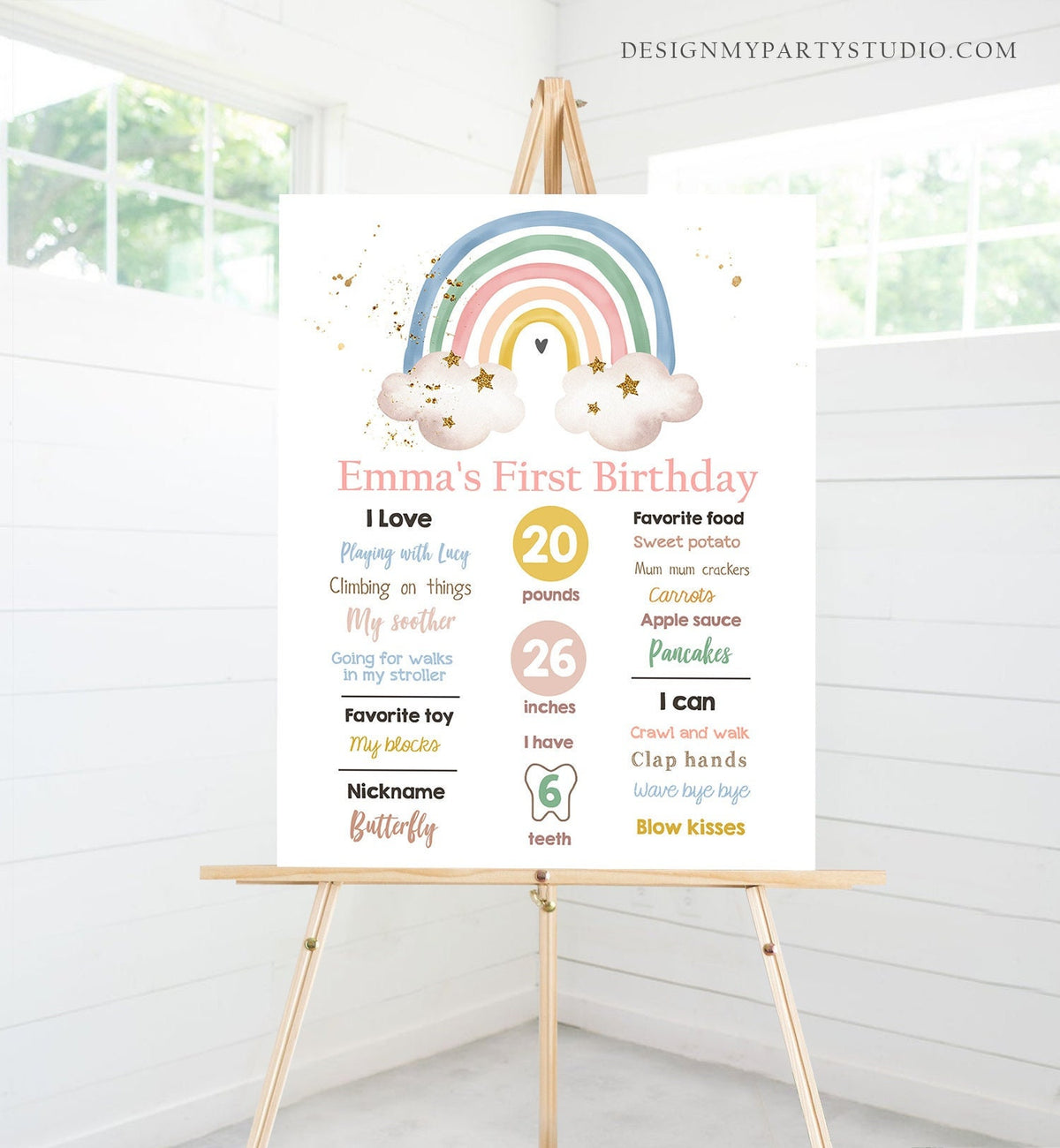 Editable Boho Rainbow Birthday Milestones Sign Girl First Birthday Modern Infographic Birthday Decor Download Corjl Template Printable 0387