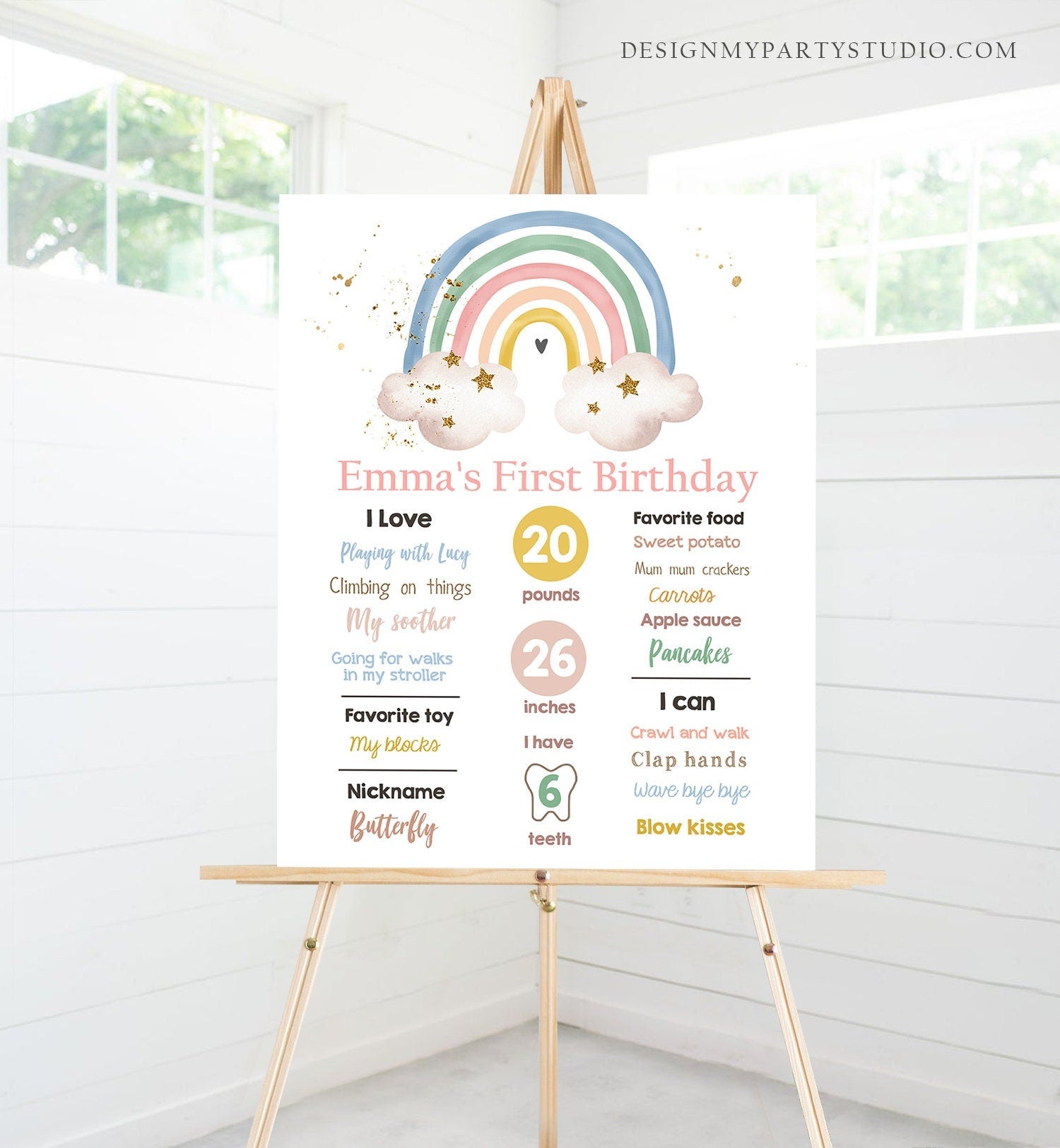 Editable Boho Rainbow Birthday Milestones Sign Girl First Birthday Modern Infographic Birthday Decor Download Corjl Template Printable 0387