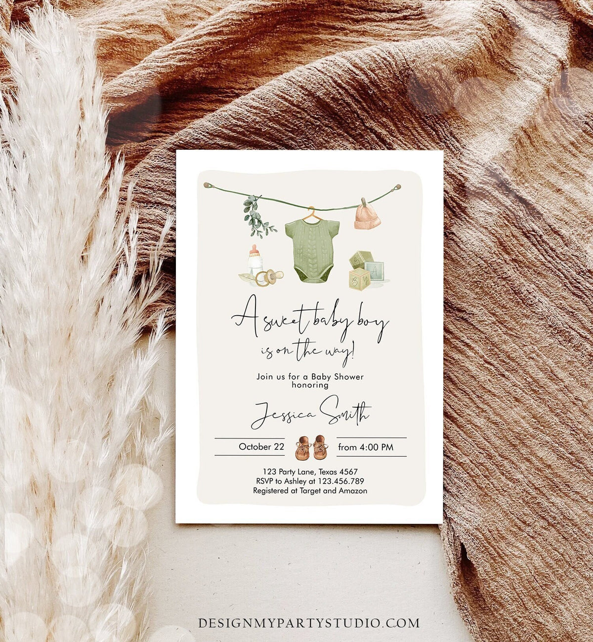 Editable Boy Baby Shower Invitation Boho Baby Shower Invitation Coed Shower Baby Clothes Rustic Download Printable Template Corjl 0470