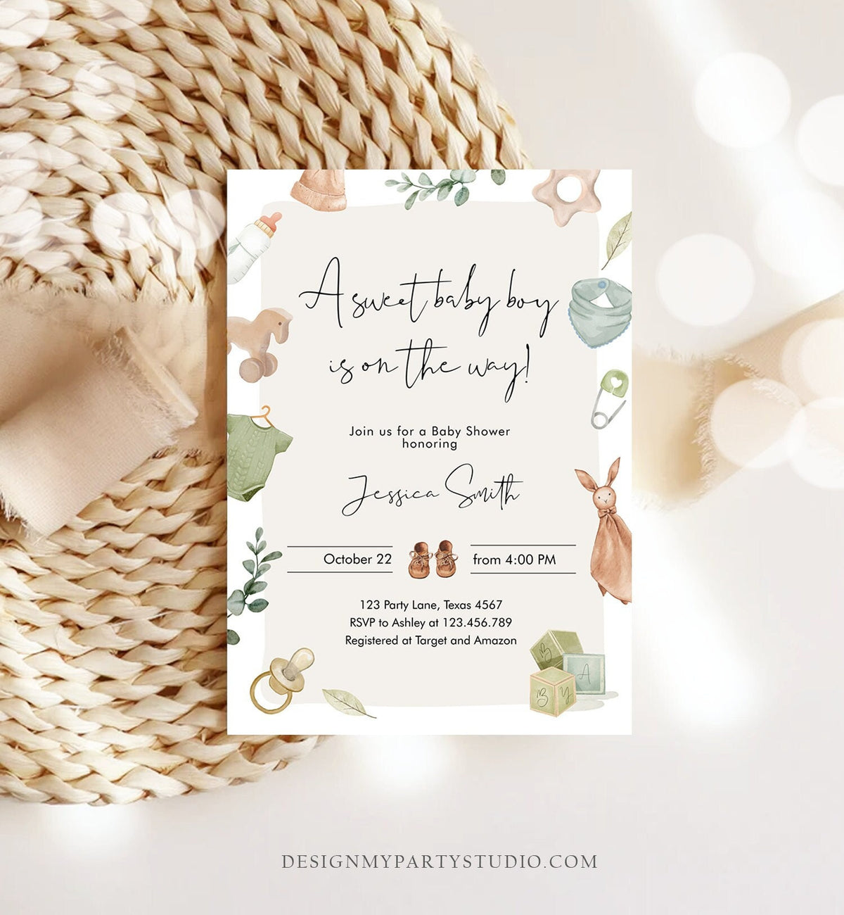 Editable Boy Baby Shower Invitation Boho Baby Shower Invitation Coed Shower Baby Clothes Rustic Download Printable Template Corjl 0470